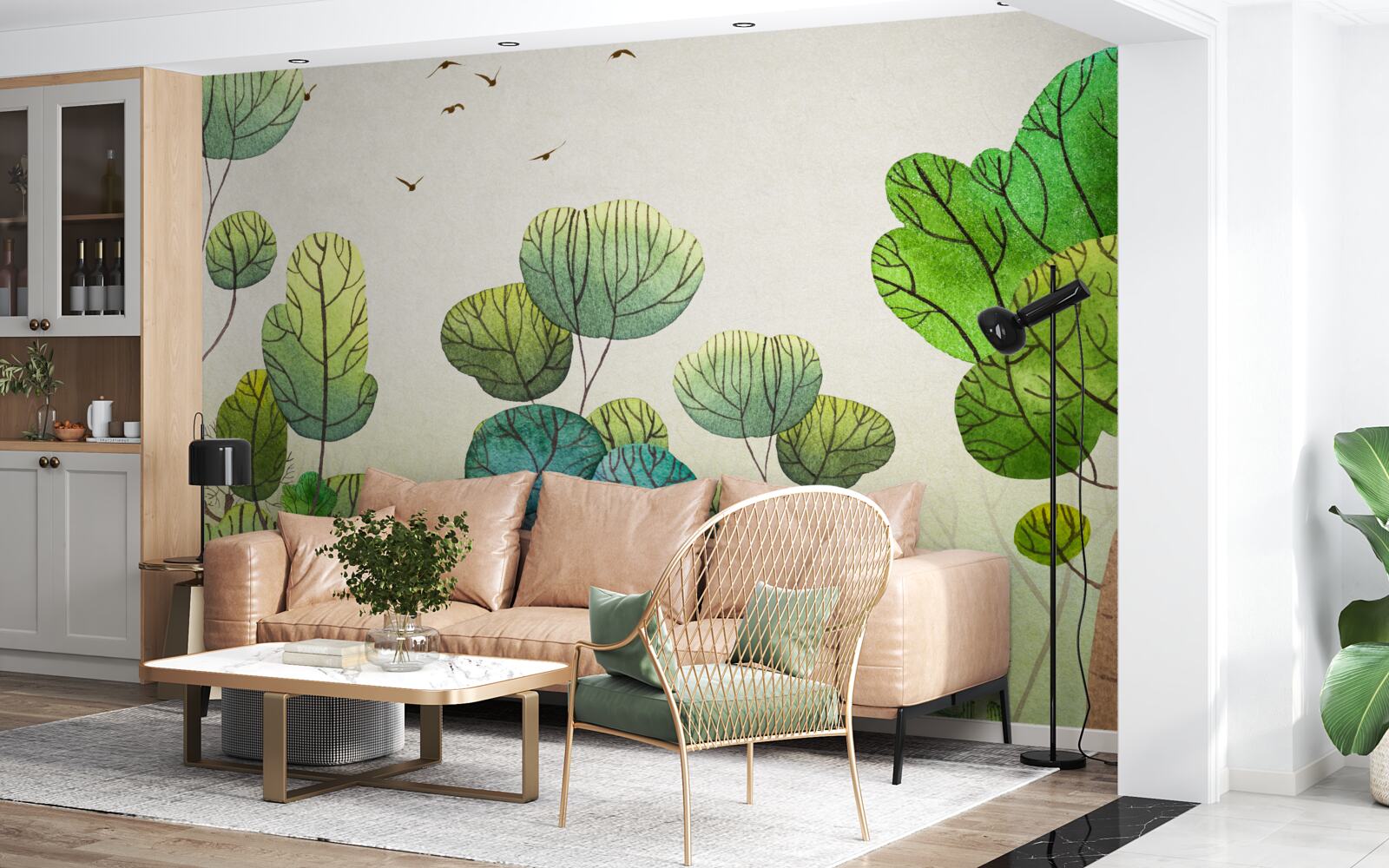 Papier peint arbres peints à l'aquarelle