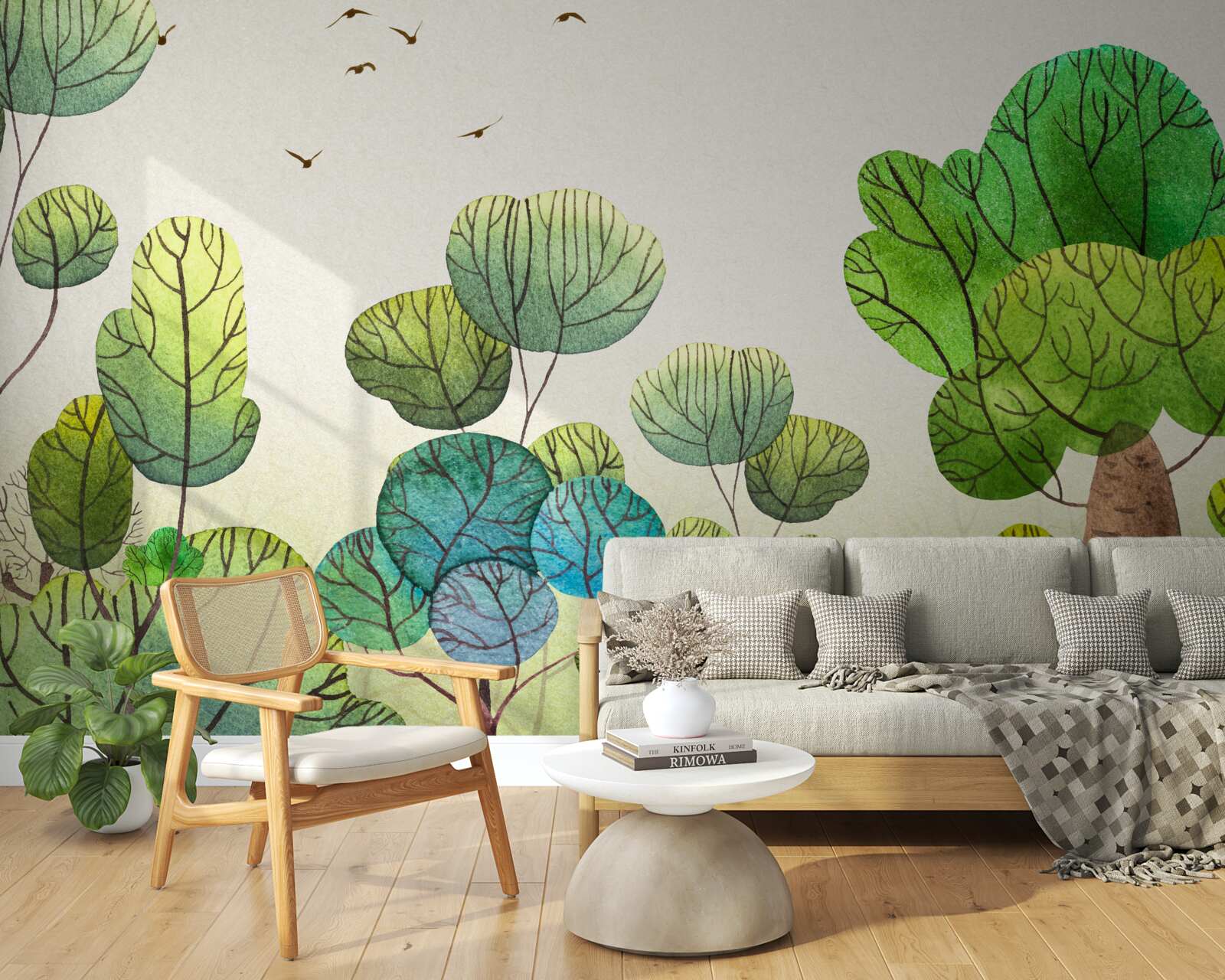 Papier peint arbres peints à l'aquarelle