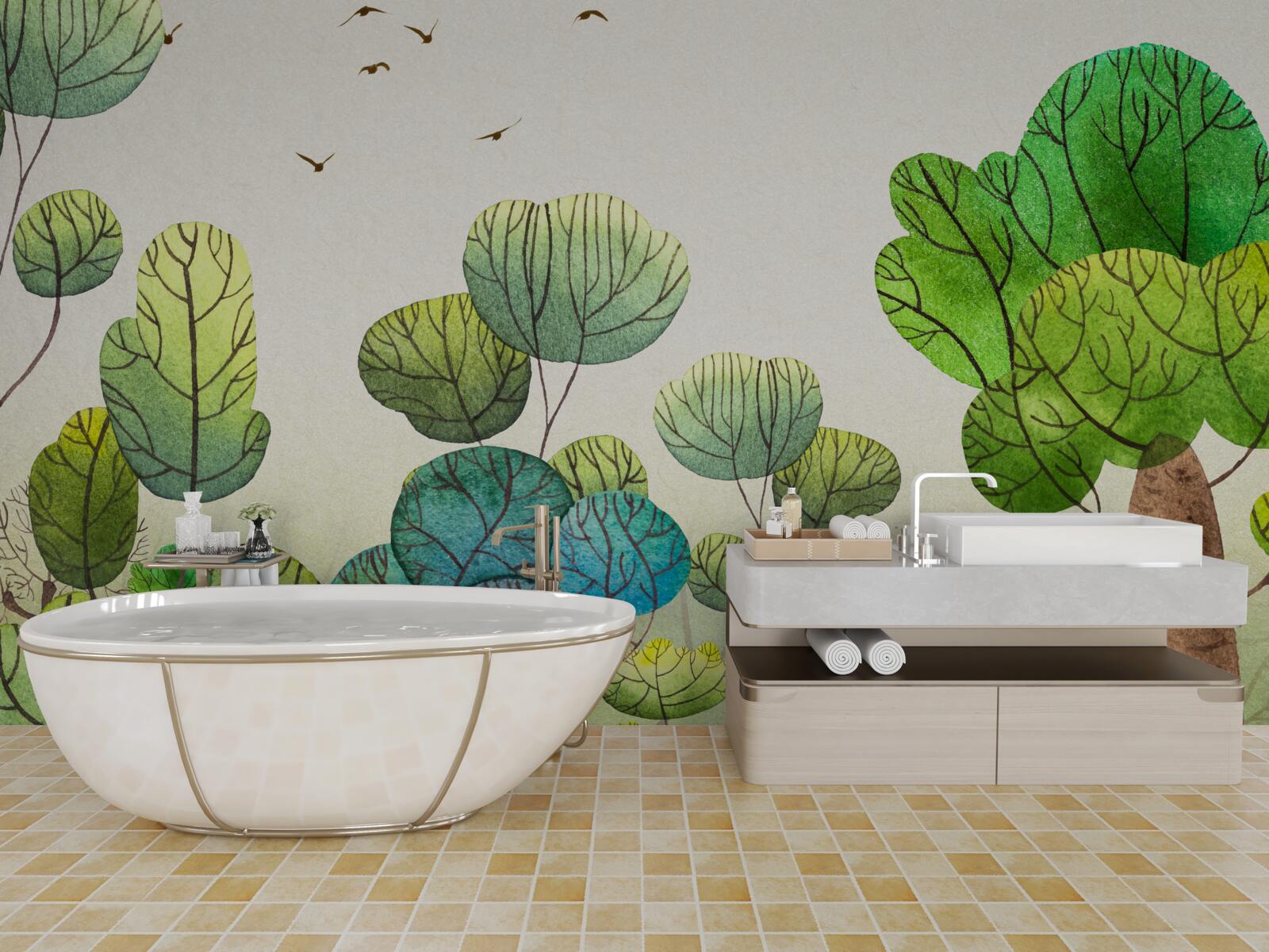 Papier peint arbres peints à l'aquarelle