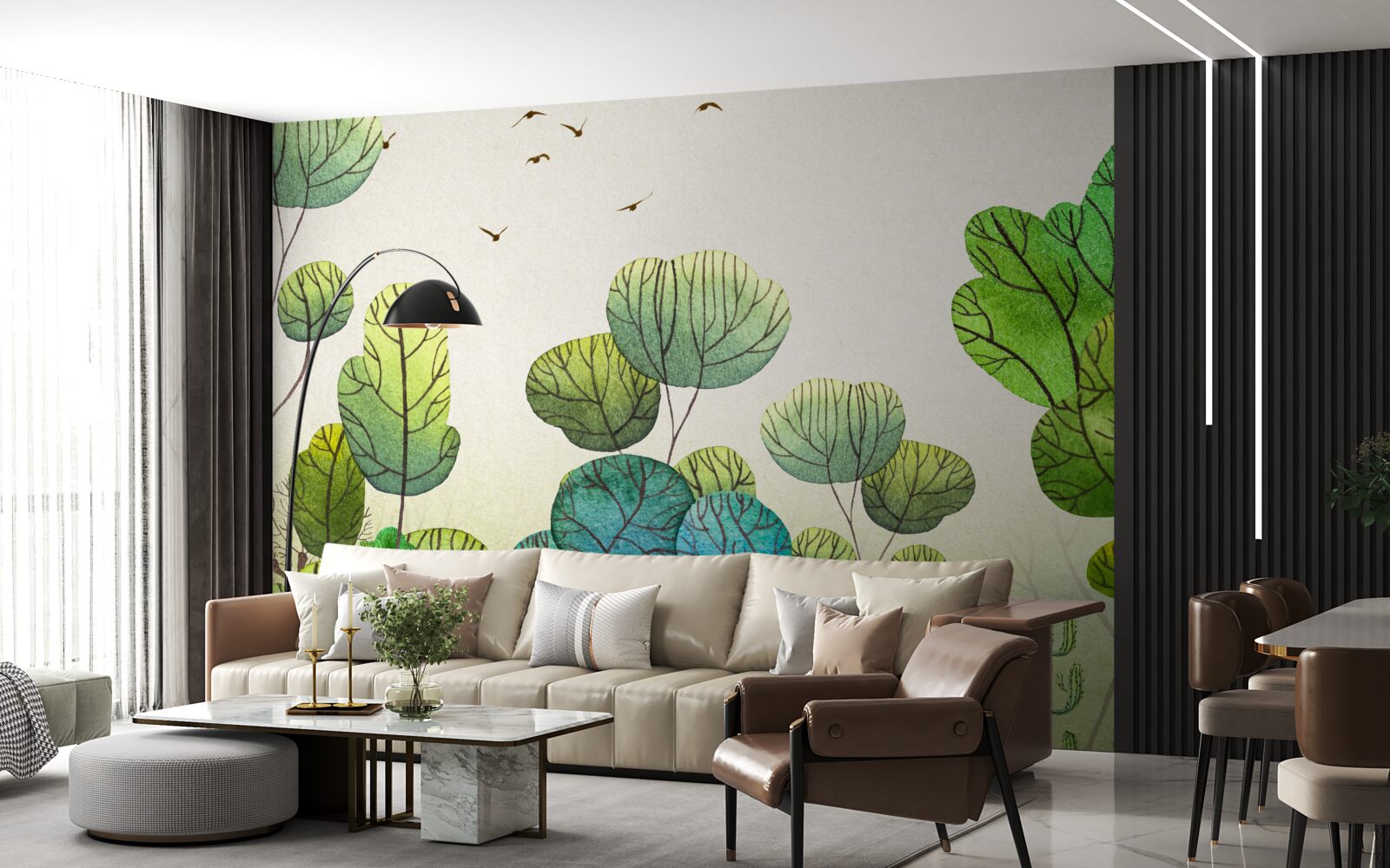 Papier peint arbres peints à l'aquarelle