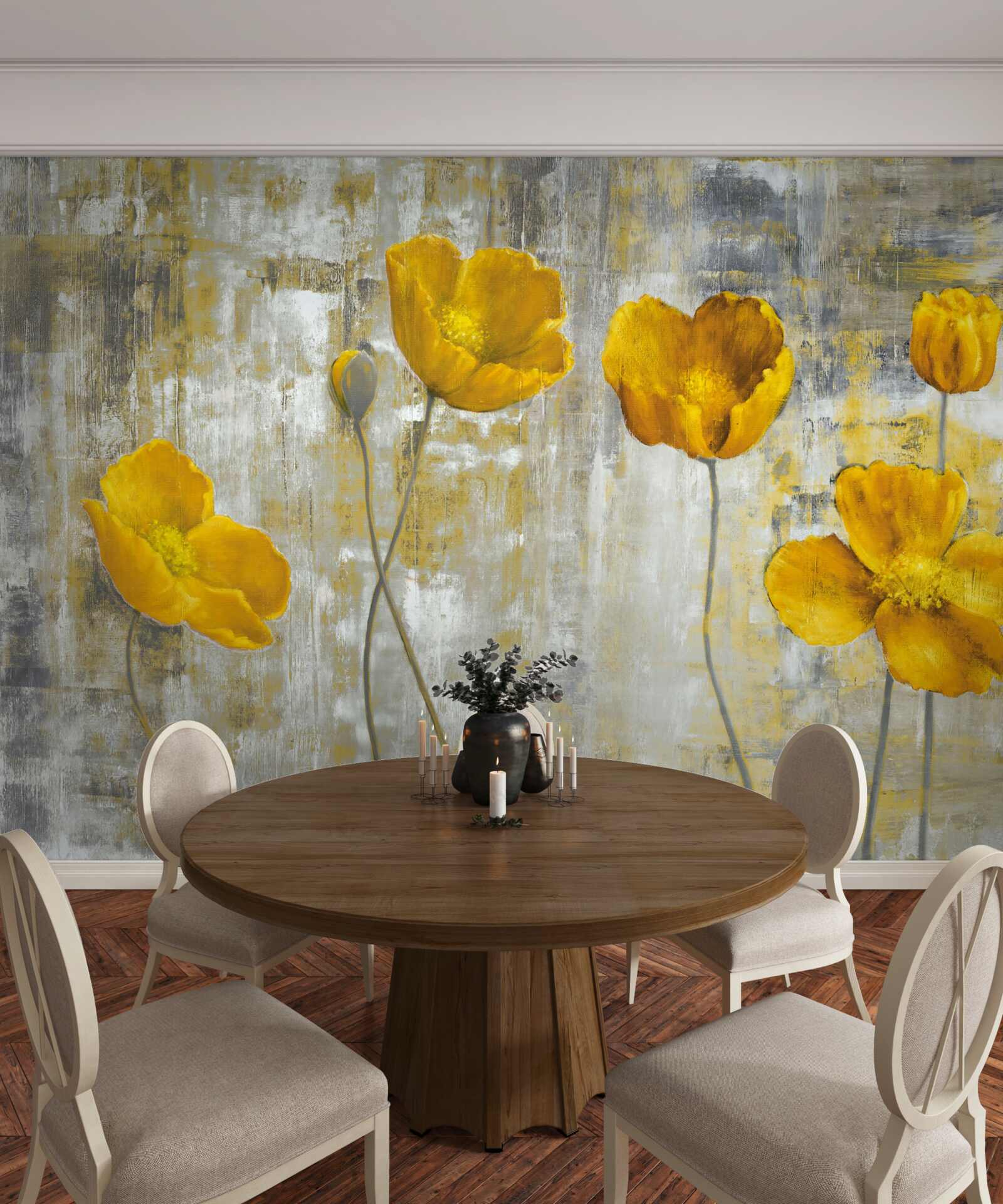 Papier peint les tiges fines sont ornées de fleurs jaunes