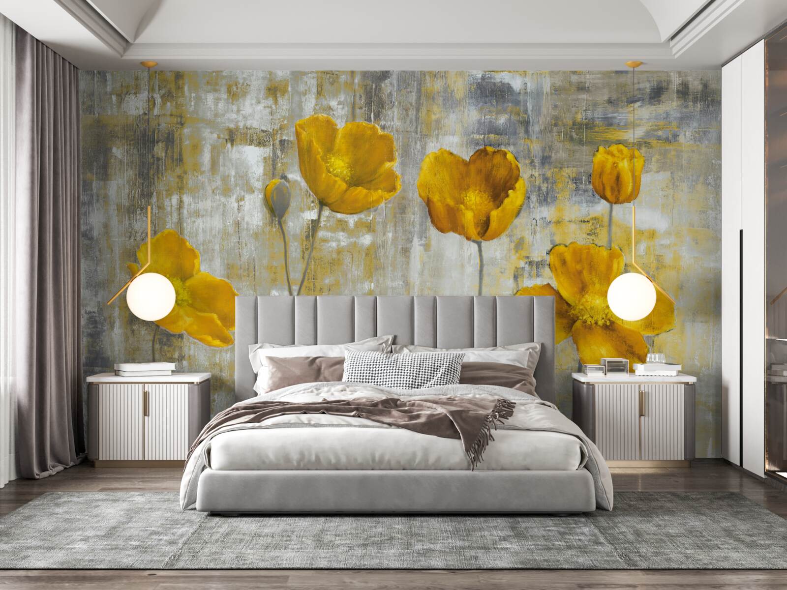 Papier peint les tiges fines sont ornées de fleurs jaunes