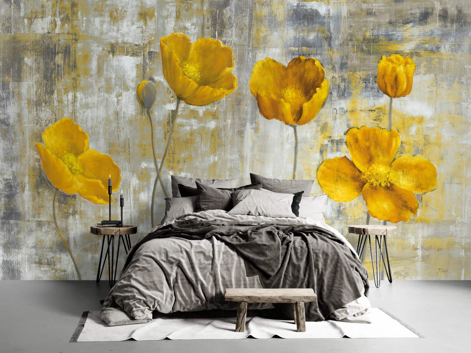 Papier peint les tiges fines sont ornées de fleurs jaunes