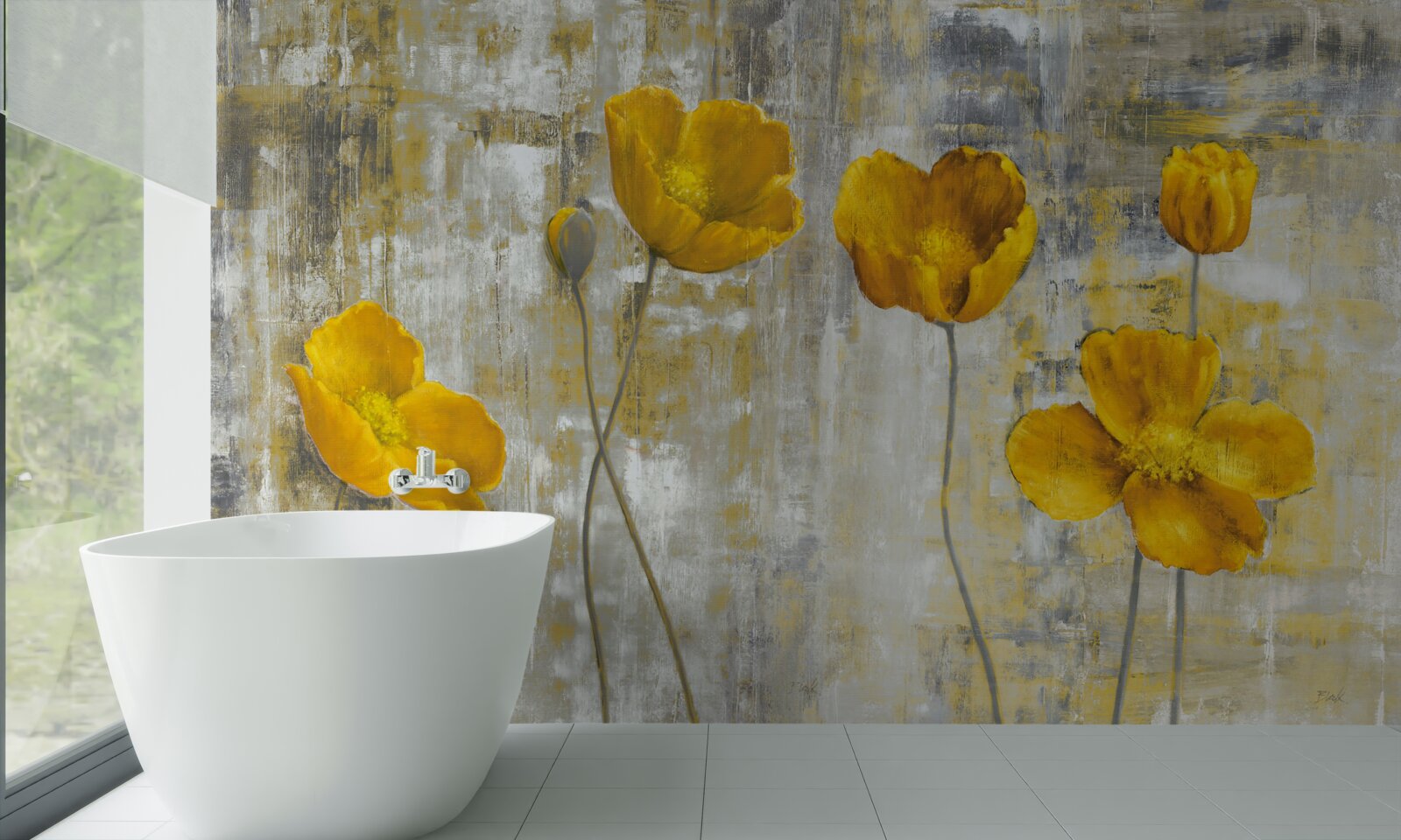 Papier peint les tiges fines sont ornées de fleurs jaunes