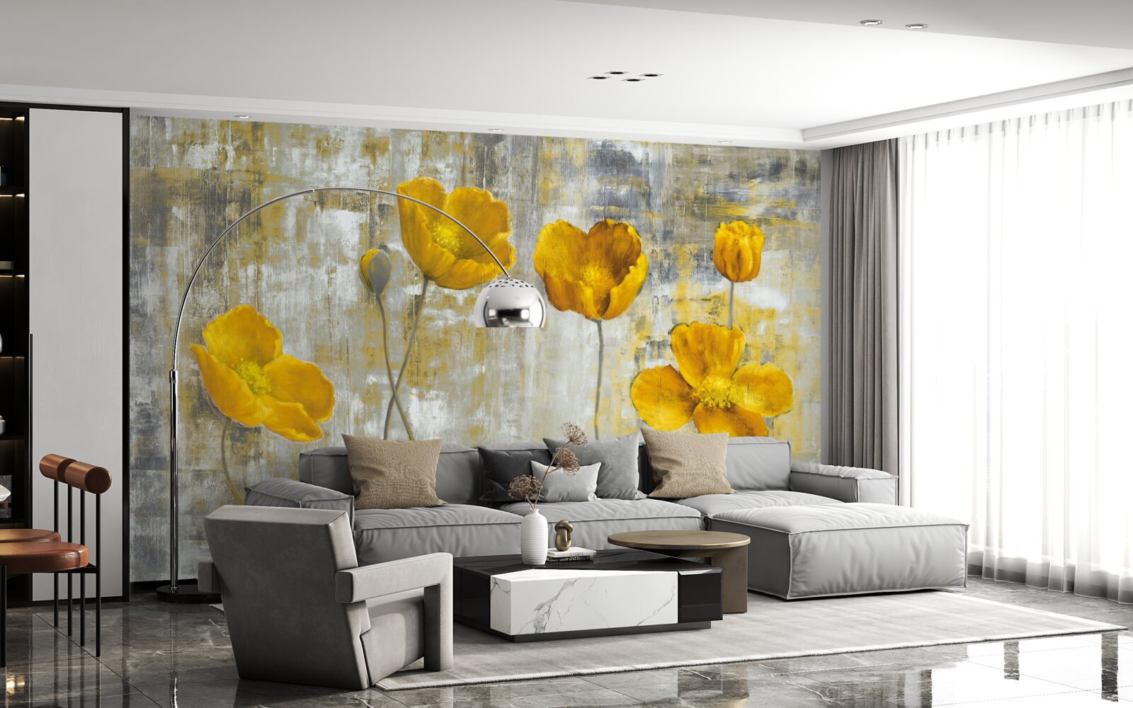 Papier peint les tiges fines sont ornées de fleurs jaunes