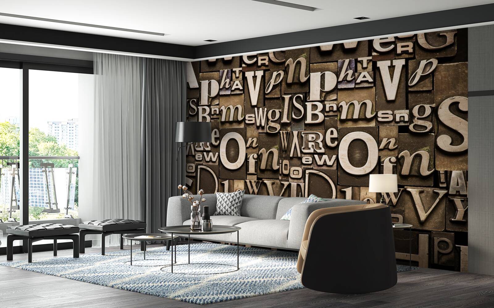 Papier peint divers symboles sur un panneau marron