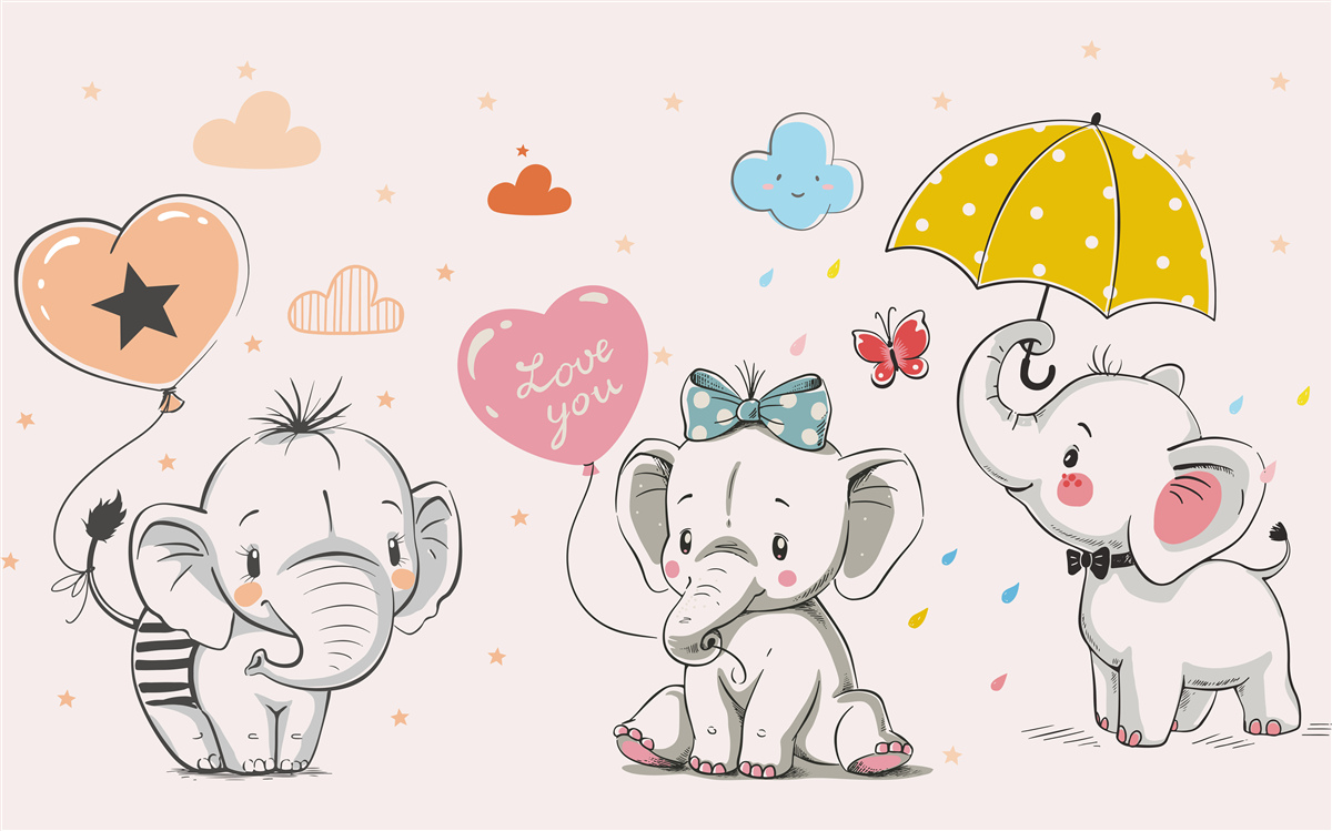 Papier peint Eléphants mignons avec des ballons