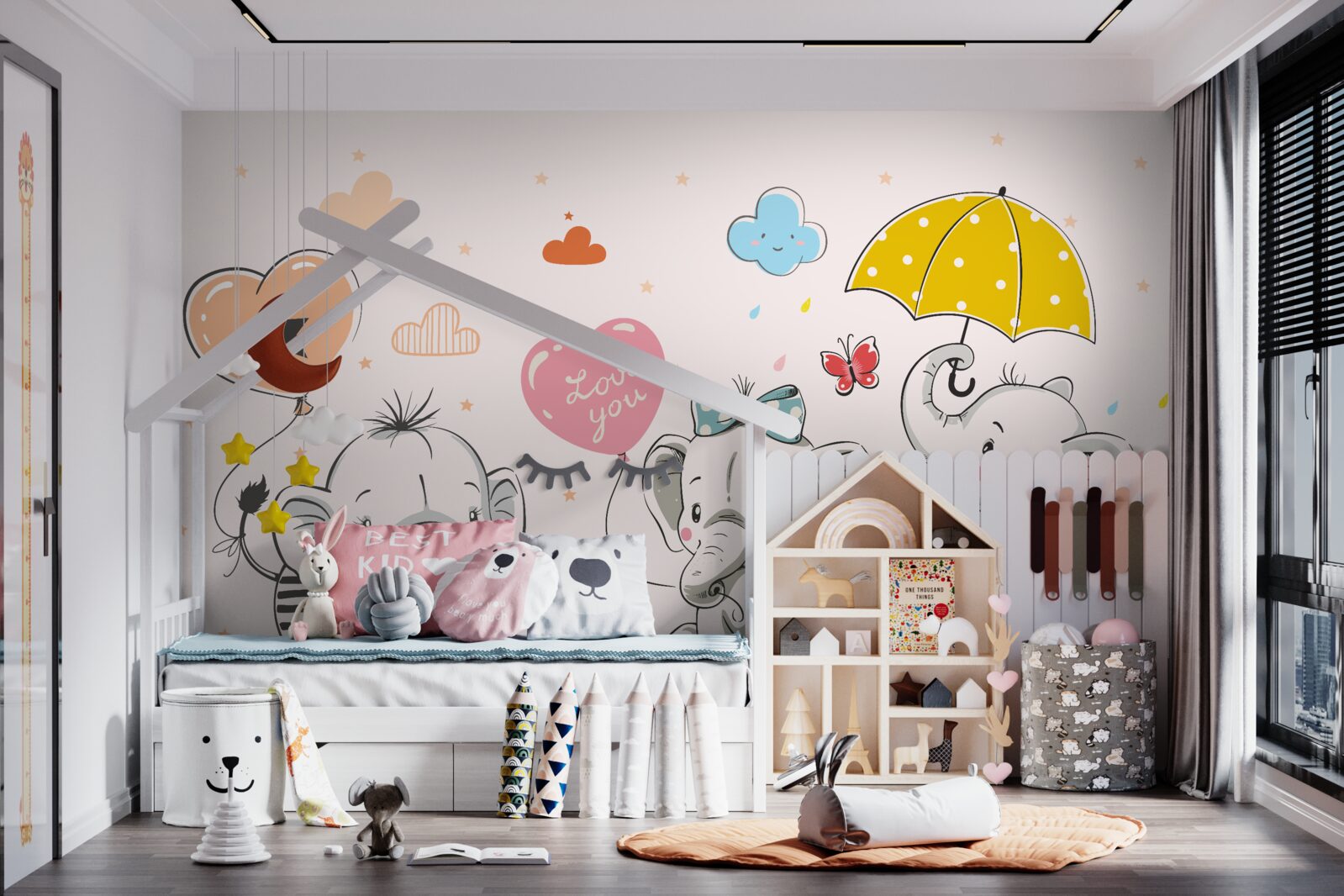 Papier peint Eléphants mignons avec des ballons