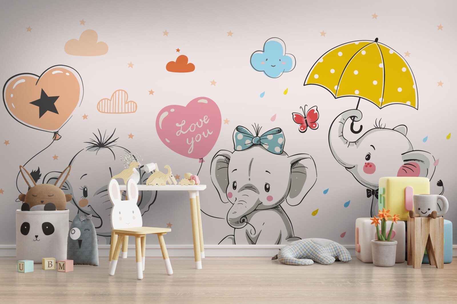 Papier peint Eléphants mignons avec des ballons