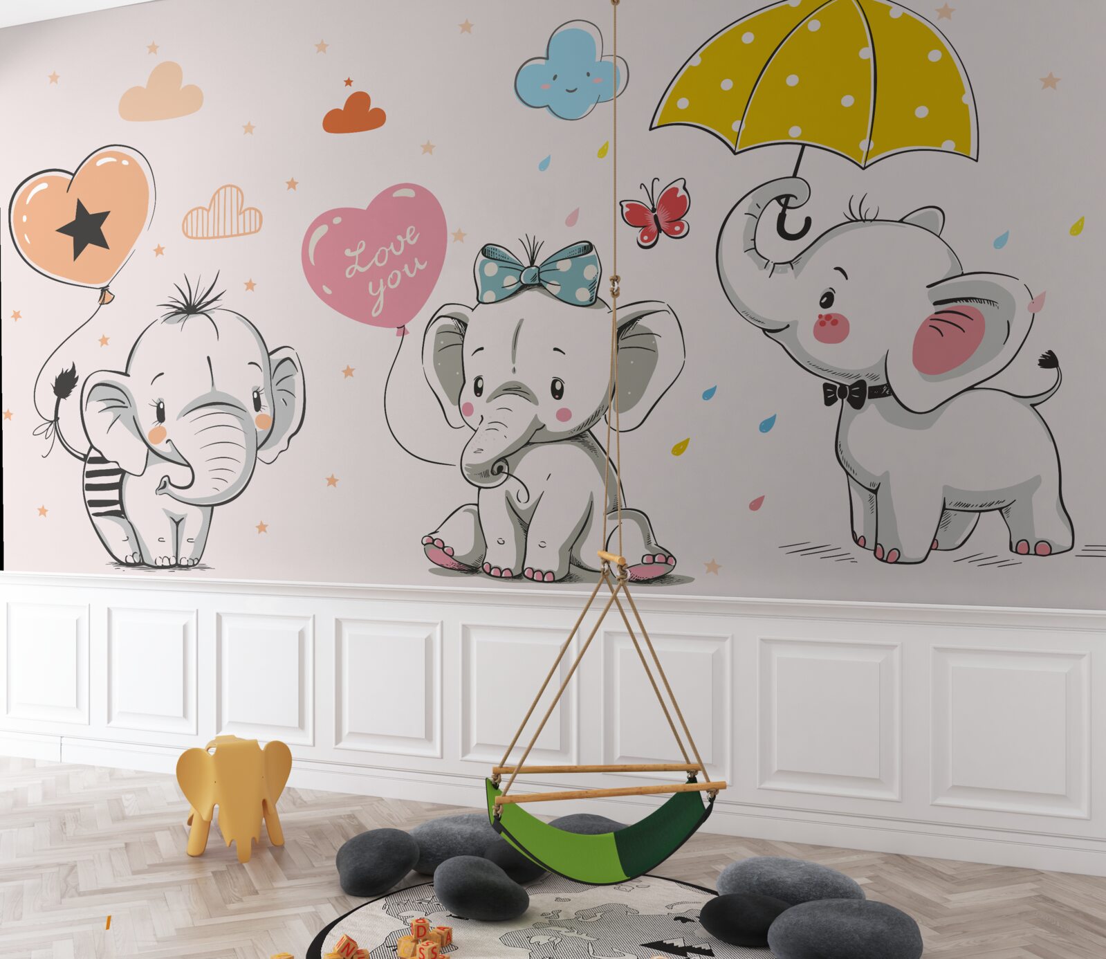Papier peint Eléphants mignons avec des ballons