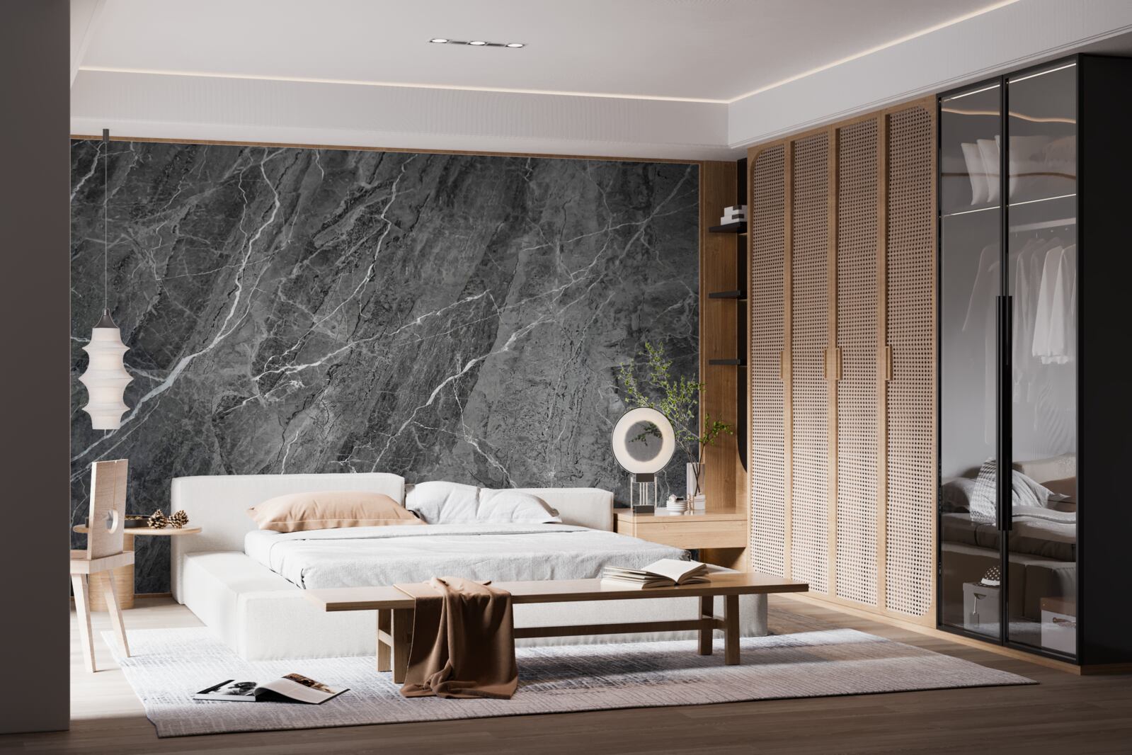 Papier peint marbre gris veiné de blanc