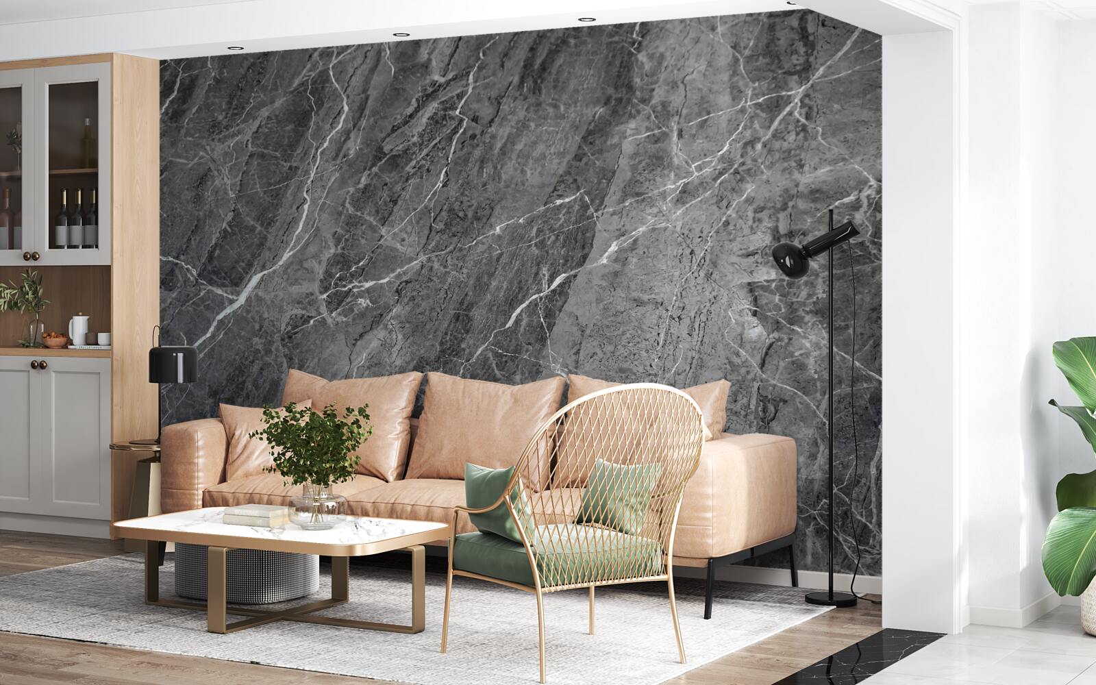 Papier peint marbre gris veiné de blanc