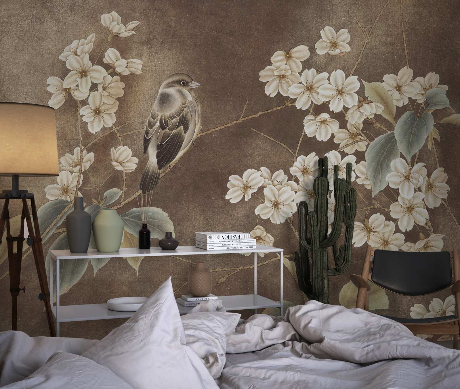 Papier peint moineau sur une branche avec des fleurs blanches