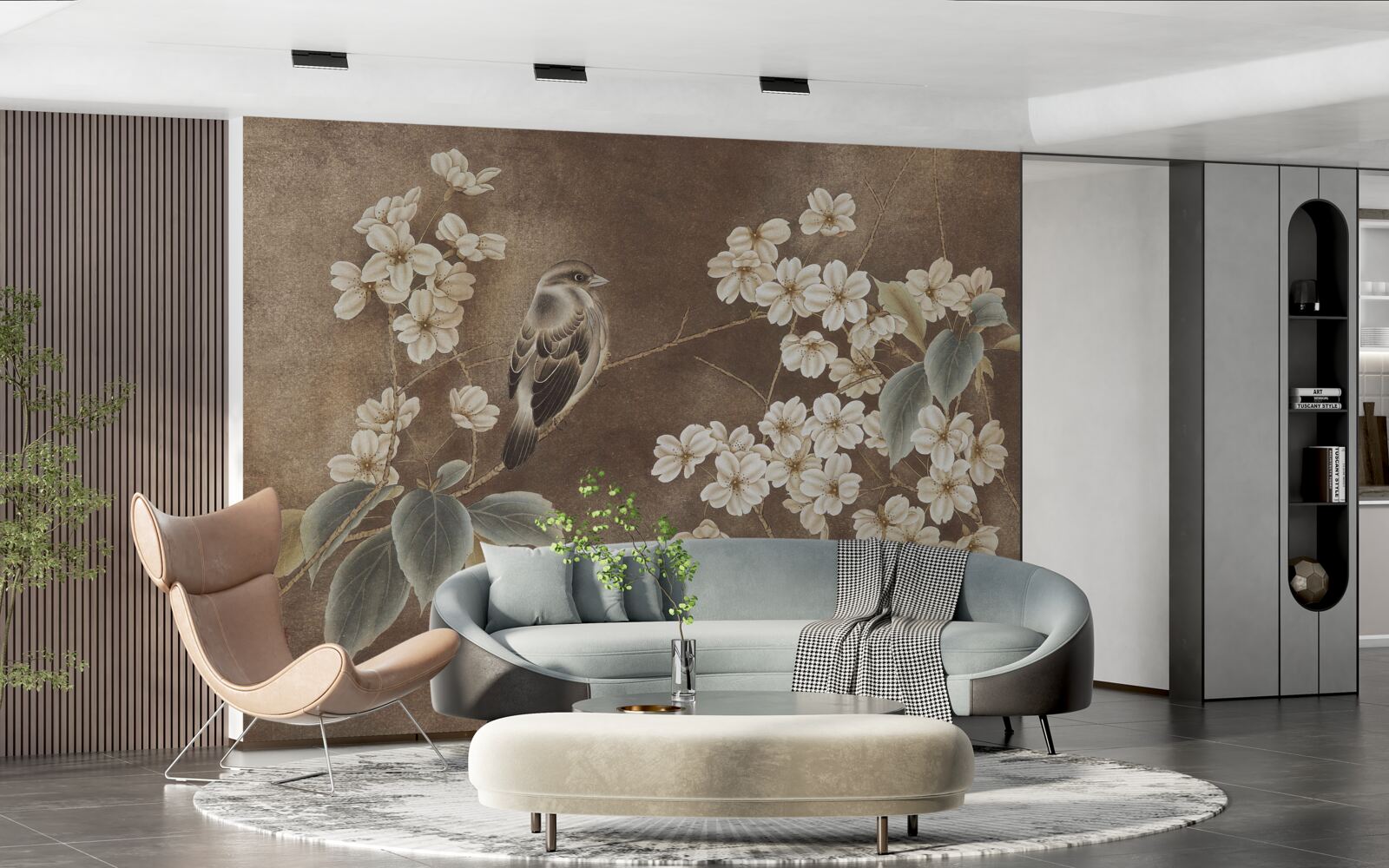 Papier peint moineau sur une branche avec des fleurs blanches