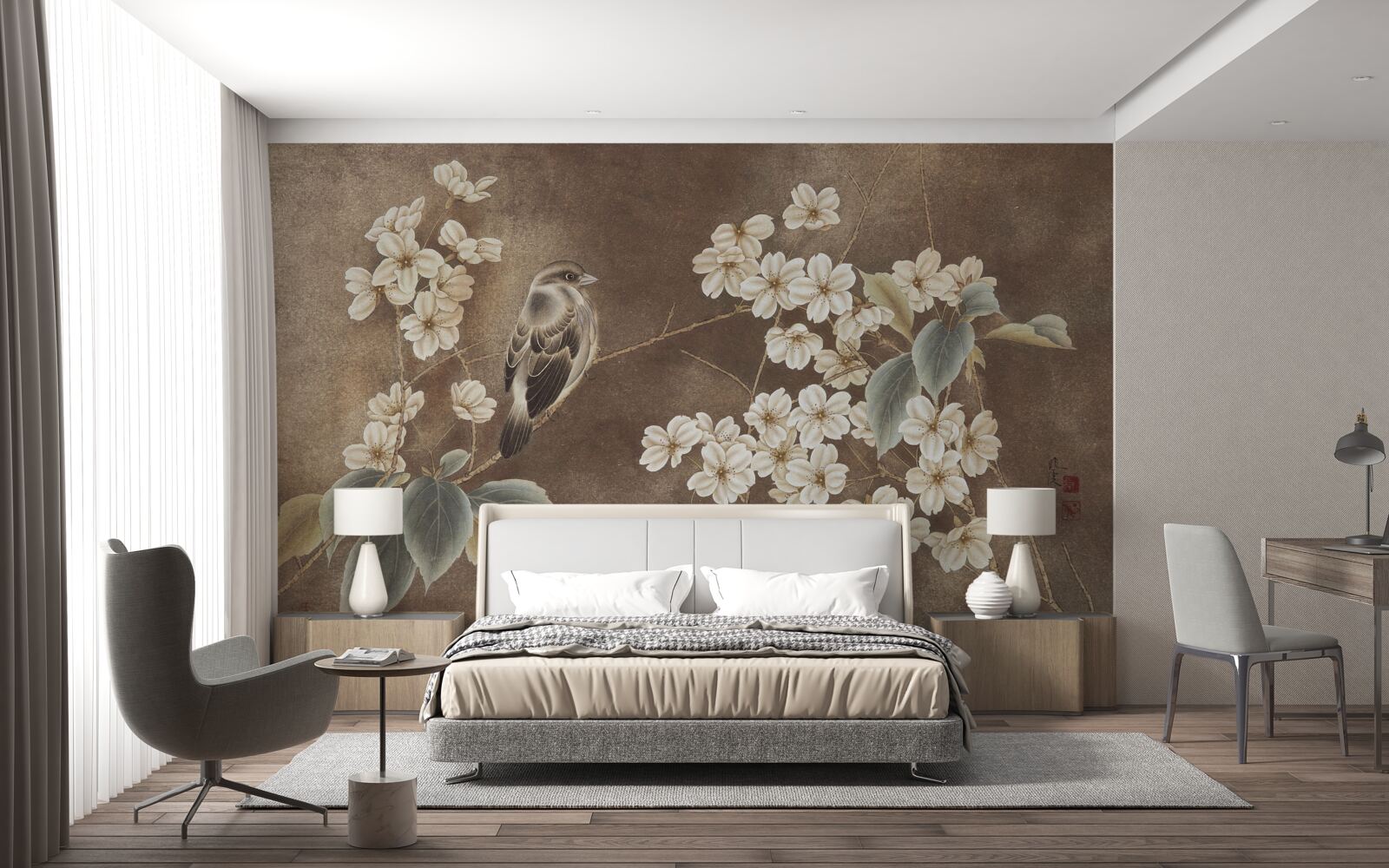 Papier peint moineau sur une branche avec des fleurs blanches