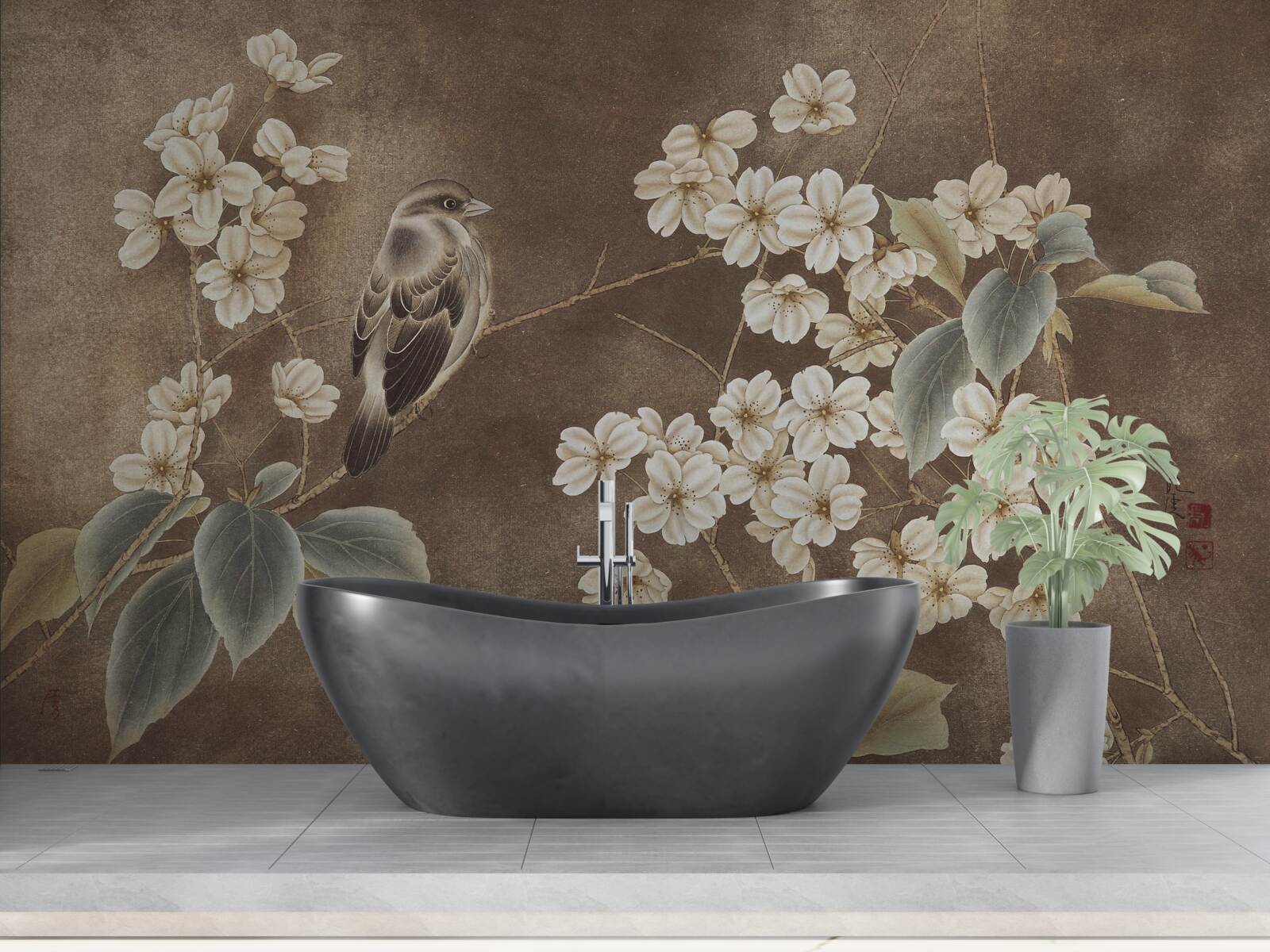 Papier peint moineau sur une branche avec des fleurs blanches