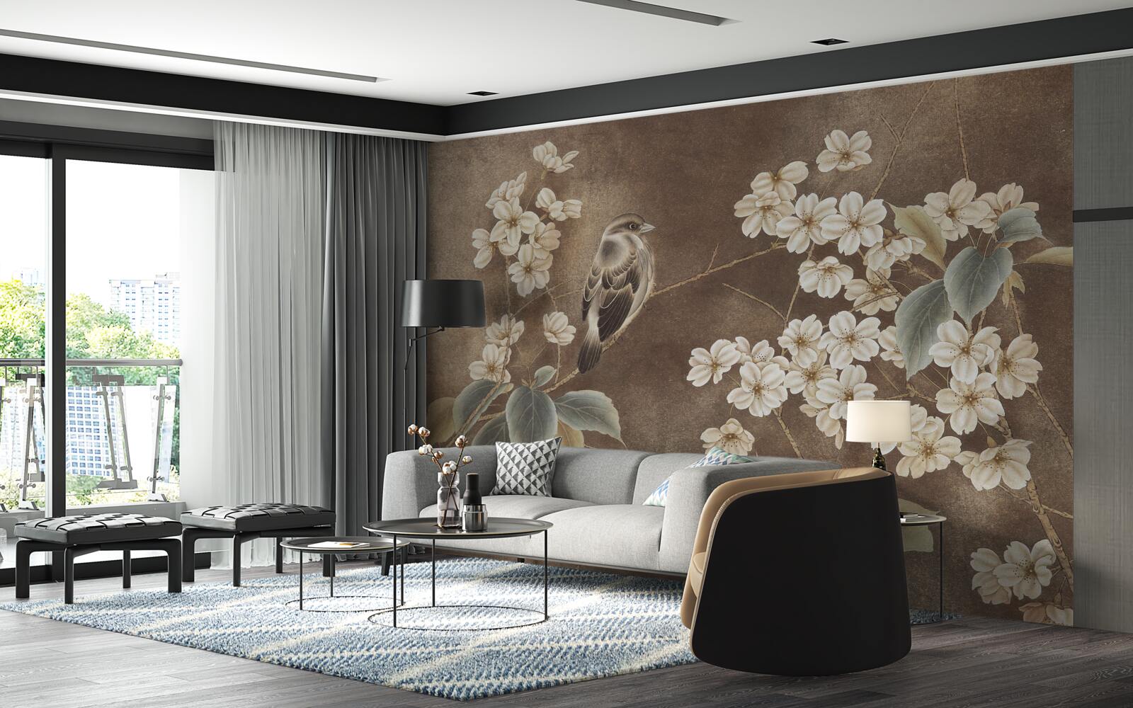 Papier peint moineau sur une branche avec des fleurs blanches