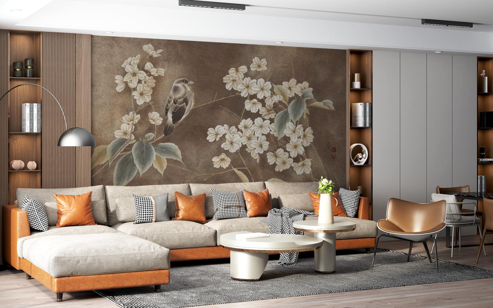 Papier peint moineau sur une branche avec des fleurs blanches