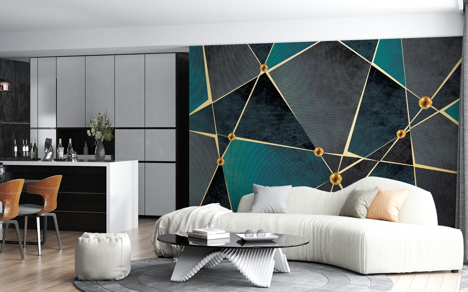 Papier peint mosaïque émeraude avec accents dorés