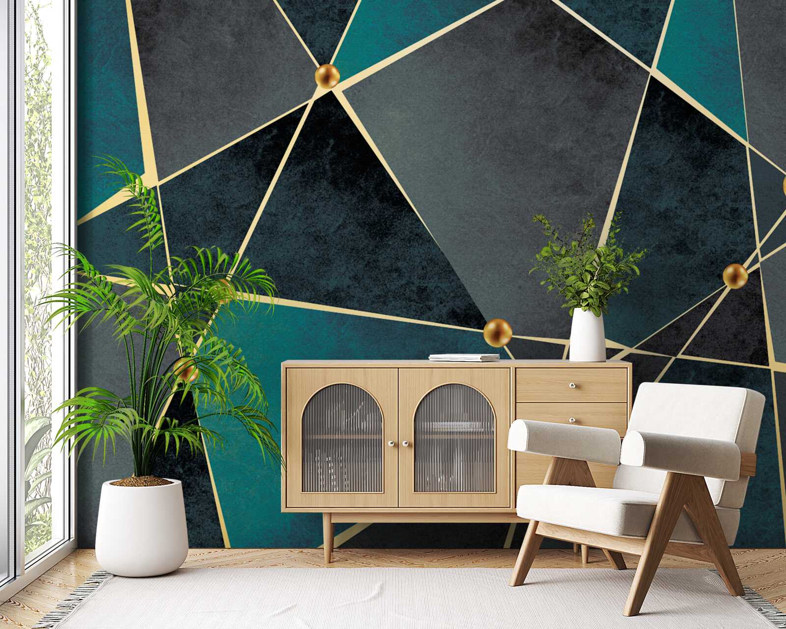 Papier peint mosaïque émeraude avec accents dorés