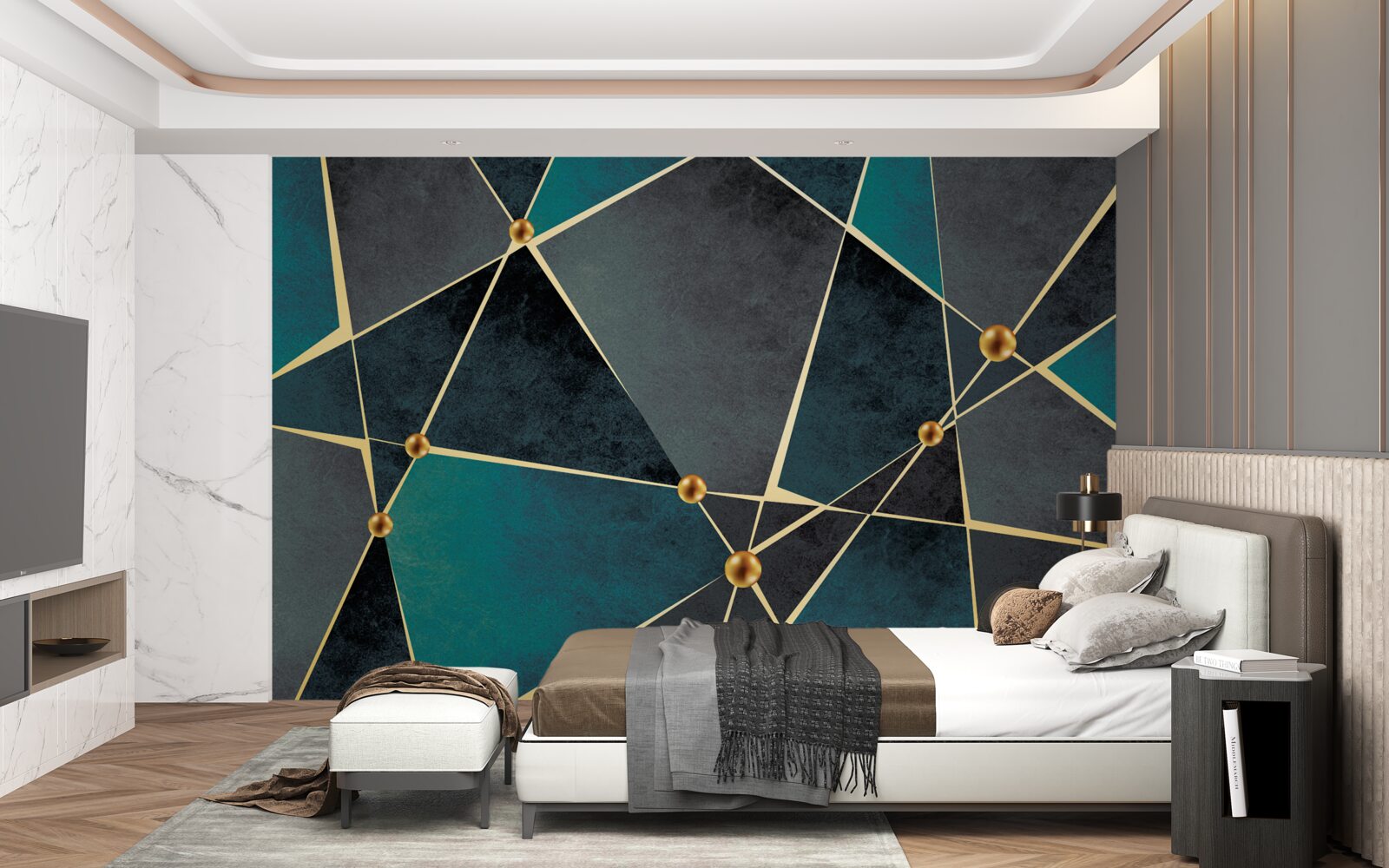 Papier peint mosaïque émeraude avec accents dorés