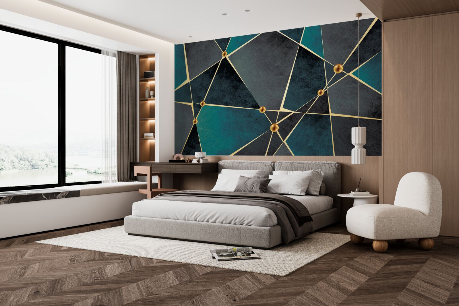 Papier peint mosaïque émeraude avec accents dorés