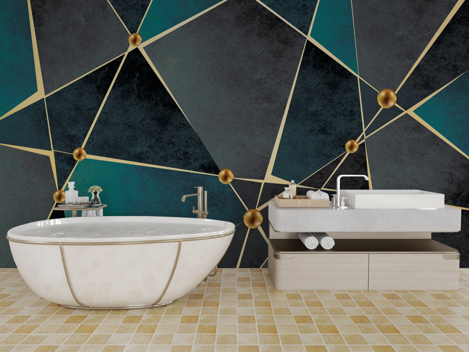 Papier peint mosaïque émeraude avec accents dorés