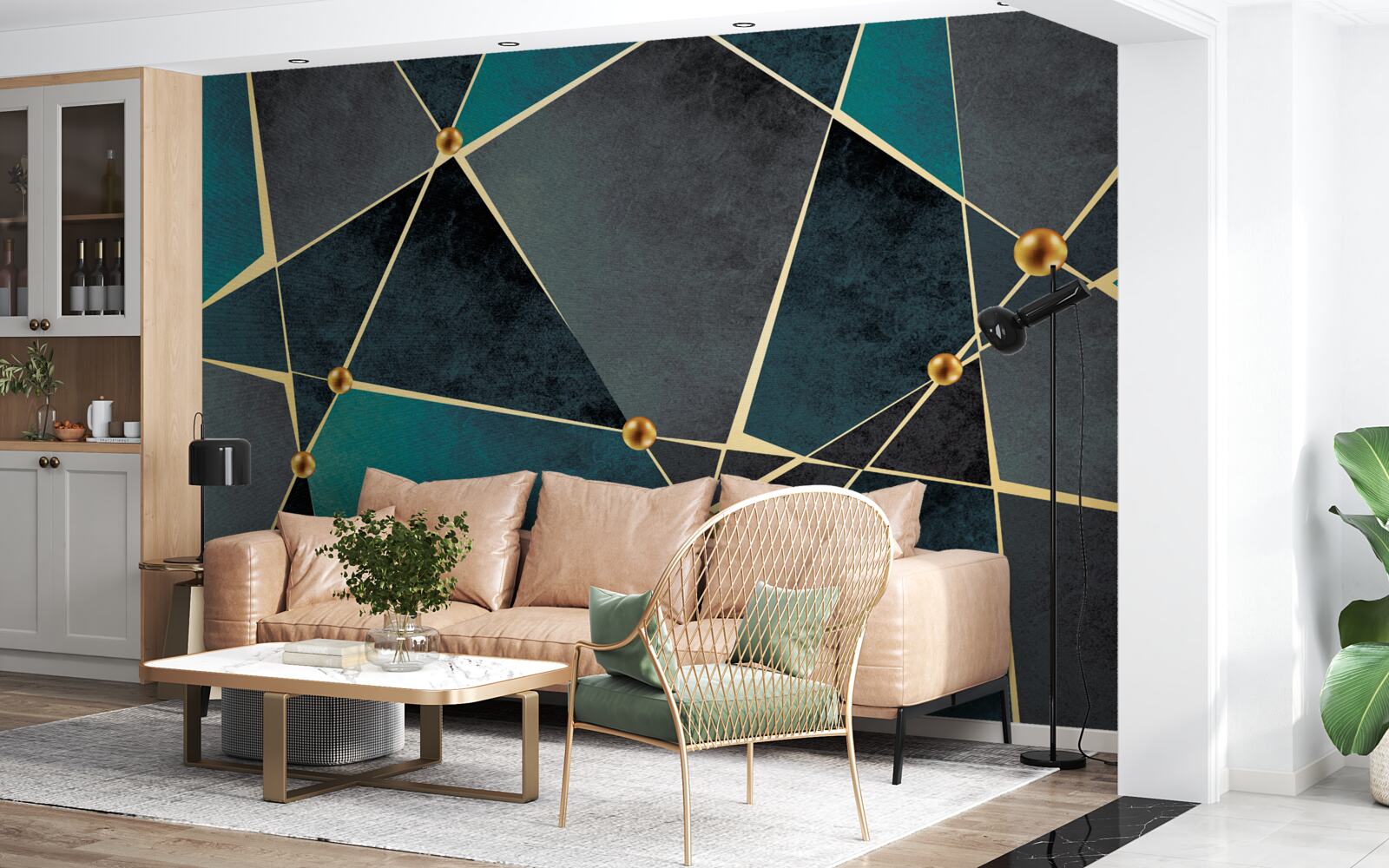 Papier peint mosaïque émeraude avec accents dorés