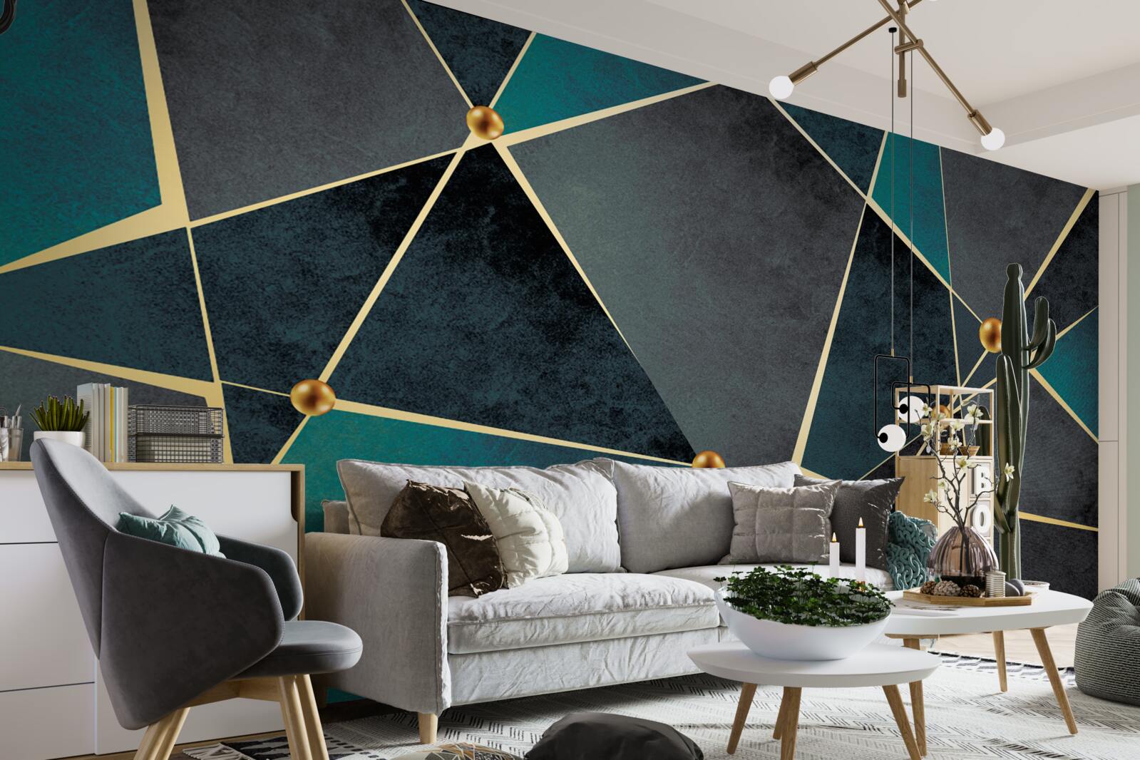 Papier peint mosaïque émeraude avec accents dorés