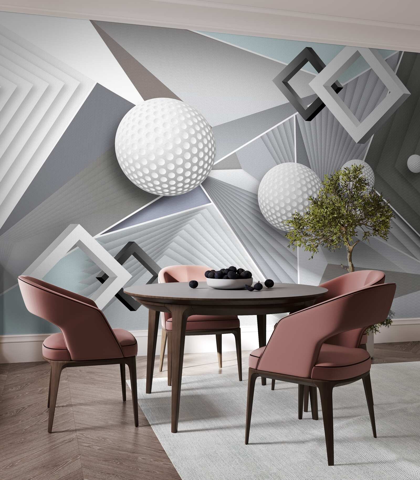 Papier peint représentation géométrique abstraite d'un cube et d'une boule