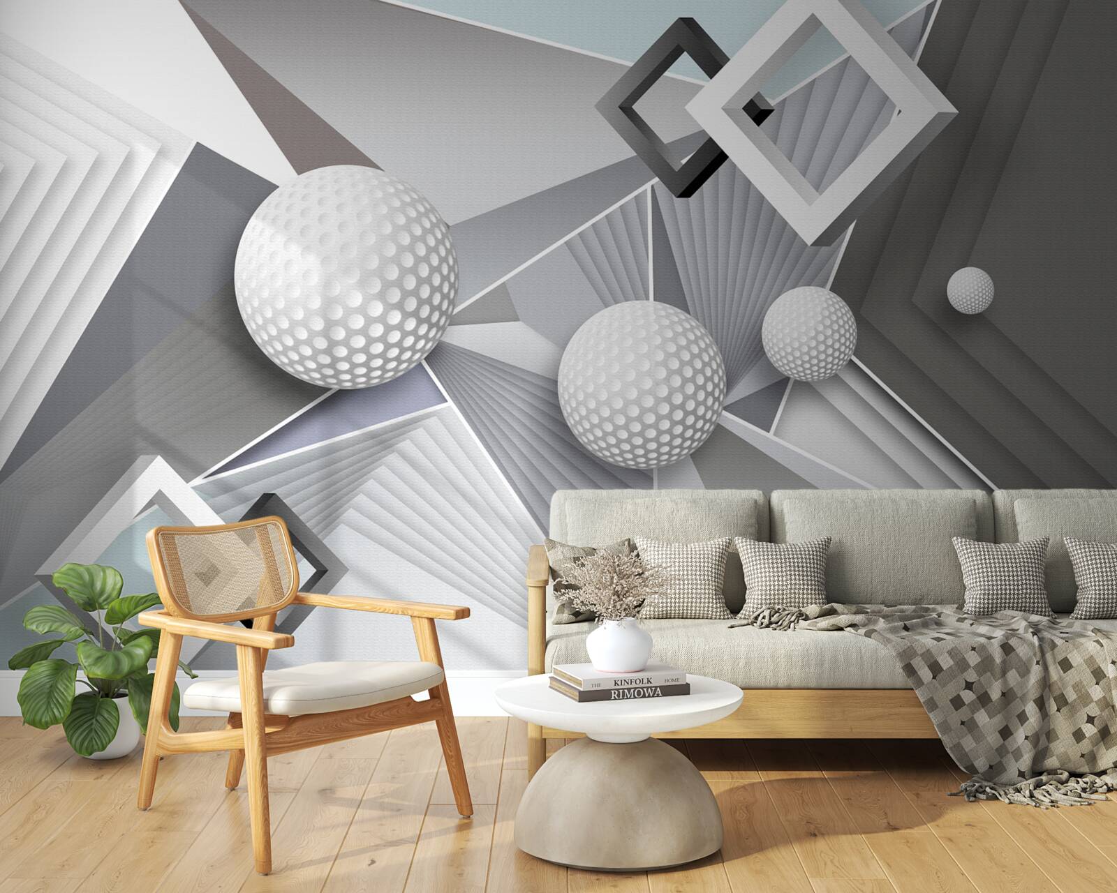 Papier peint représentation géométrique abstraite d'un cube et d'une boule