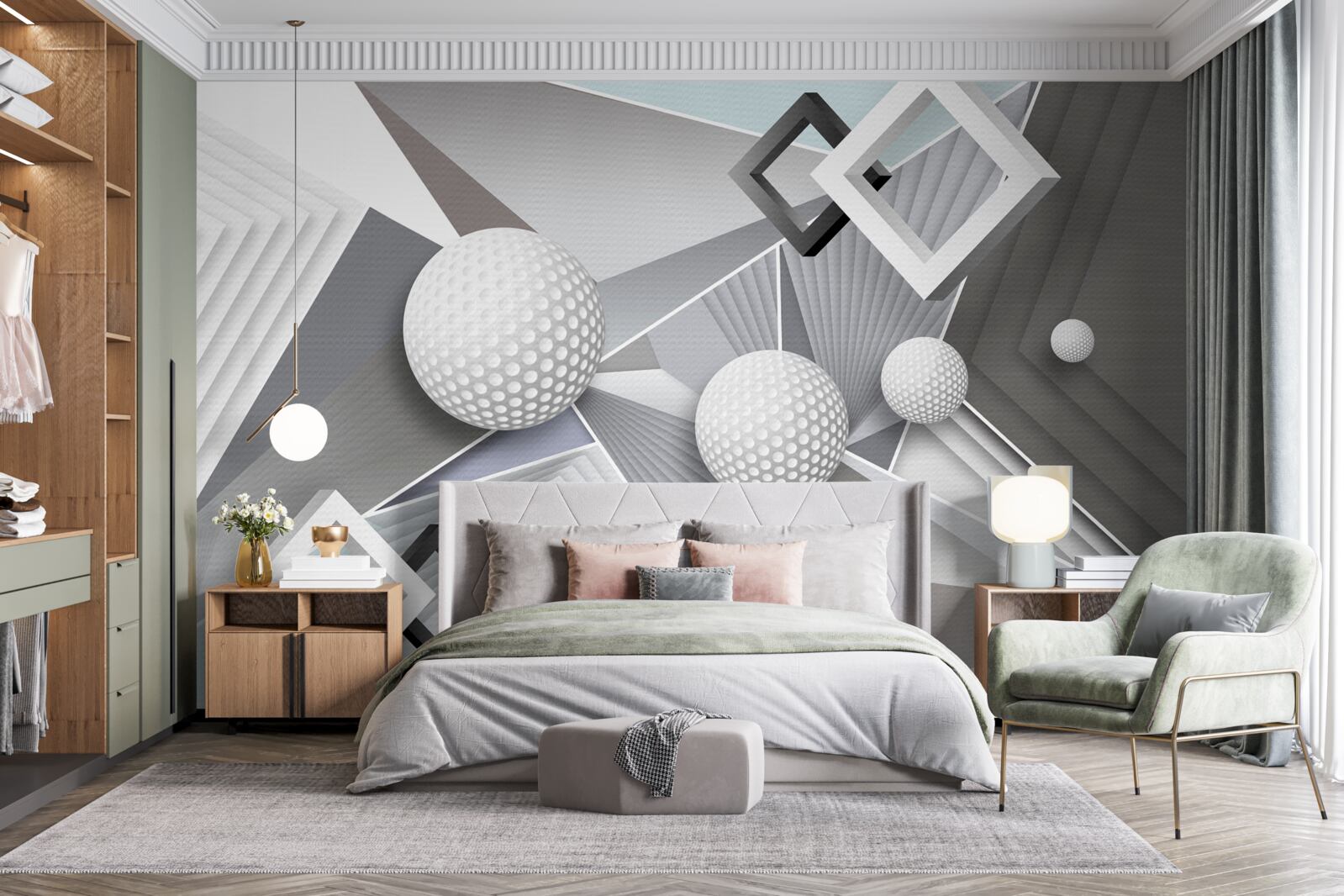 Papier peint représentation géométrique abstraite d'un cube et d'une boule