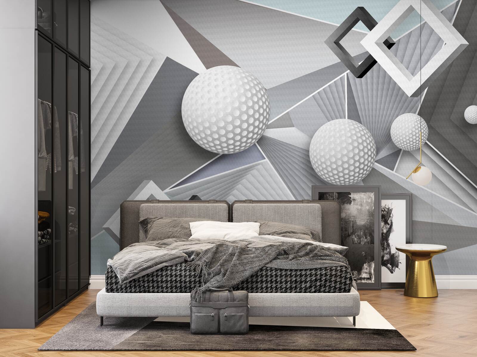 Papier peint représentation géométrique abstraite d'un cube et d'une boule