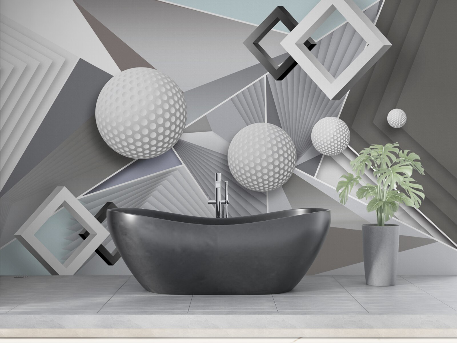 Papier peint représentation géométrique abstraite d'un cube et d'une boule