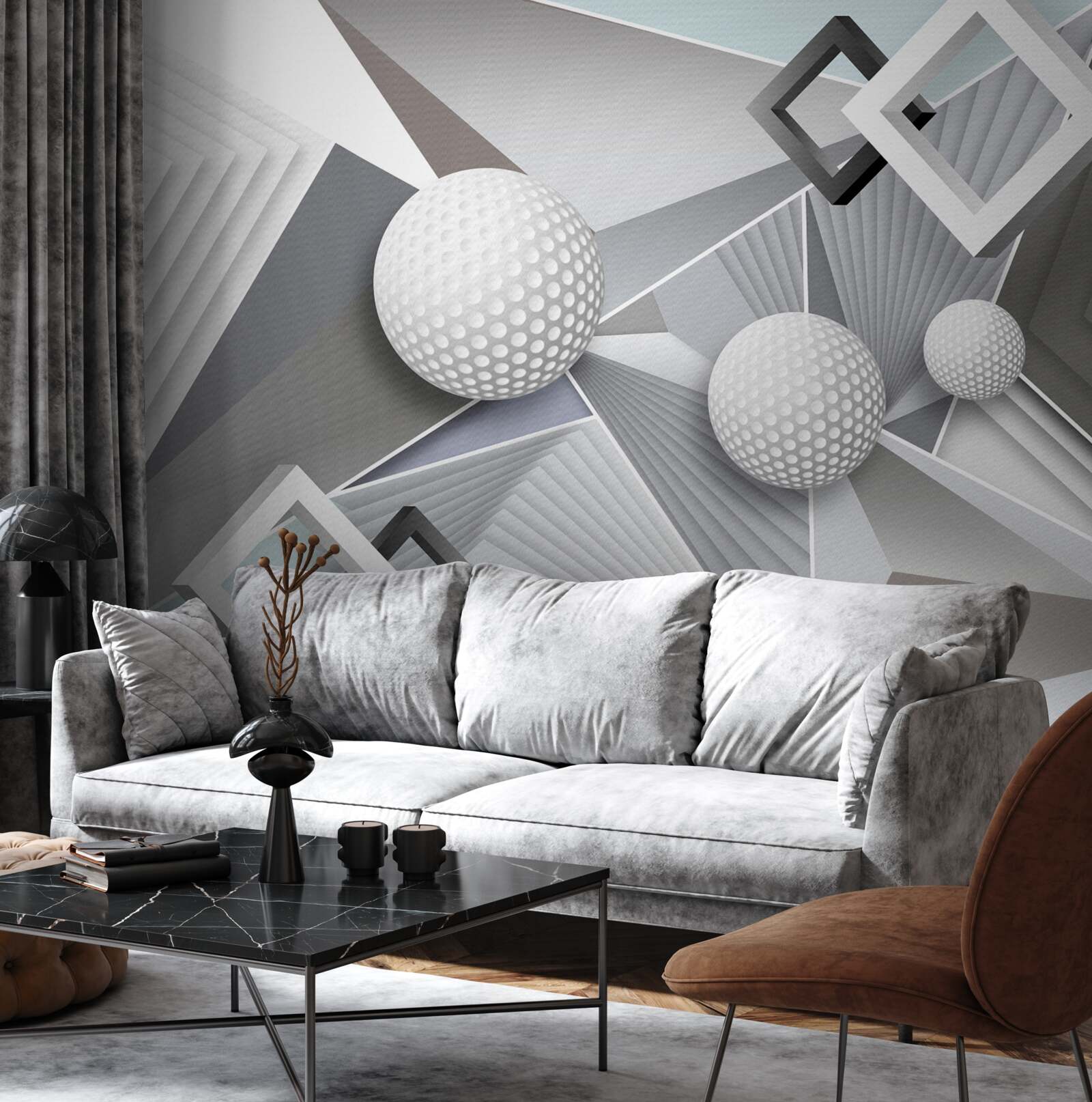 Papier peint représentation géométrique abstraite d'un cube et d'une boule