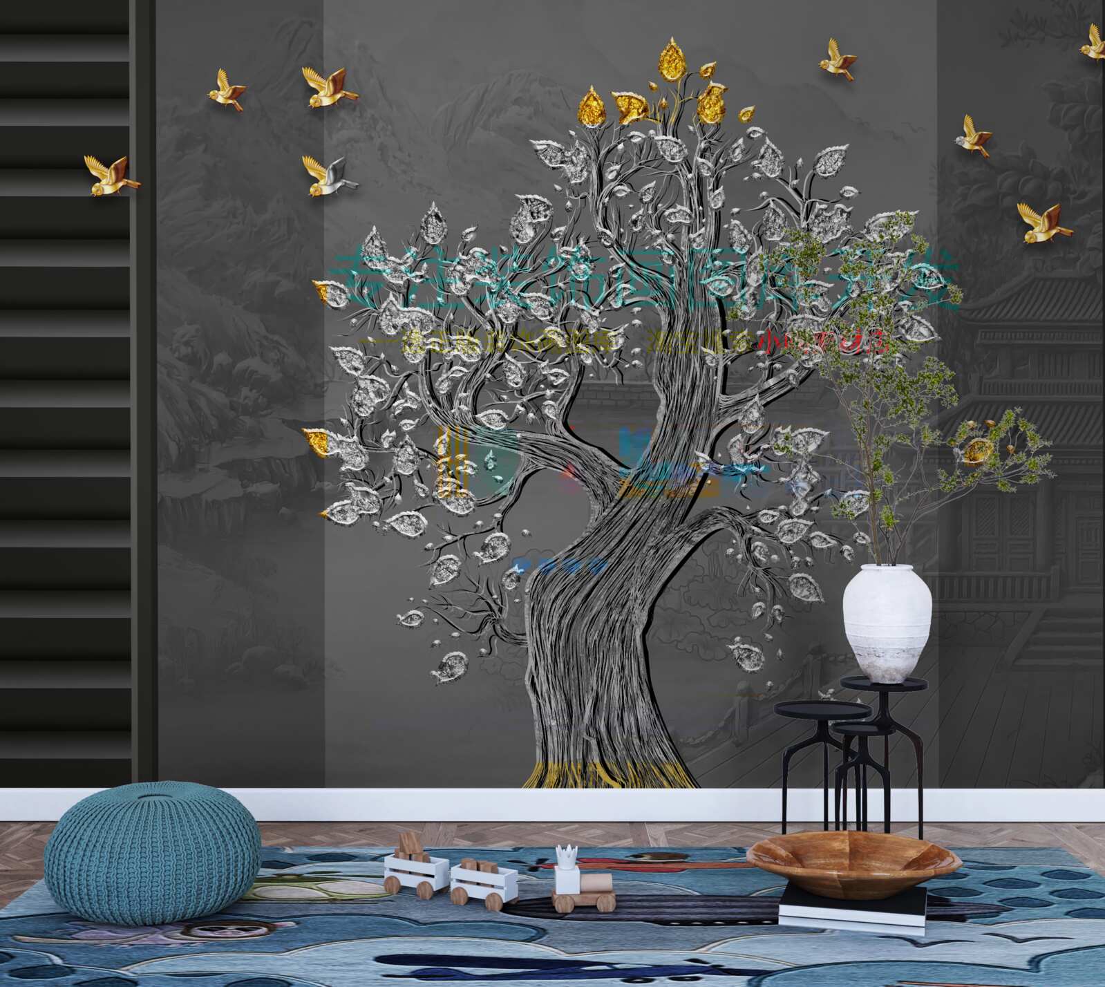 Papier peint arbre d'or et oiseaux volant dans le ciel