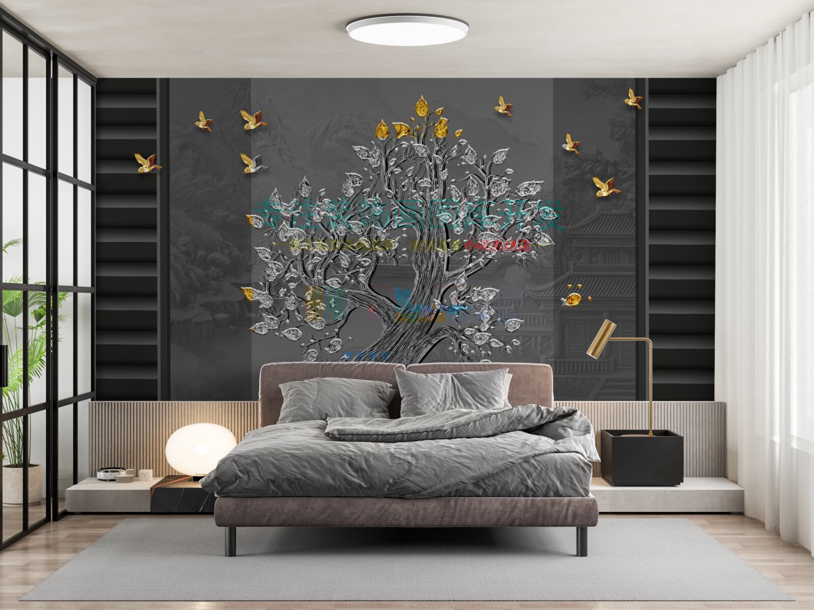 Papier peint arbre d'or et oiseaux volant dans le ciel