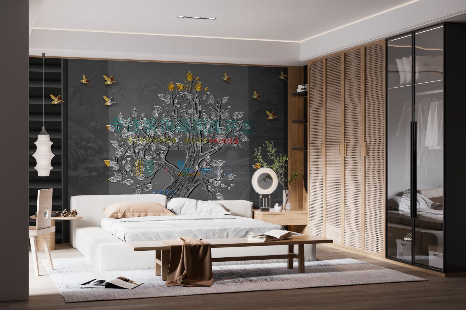 Papier peint arbre d'or et oiseaux volant dans le ciel