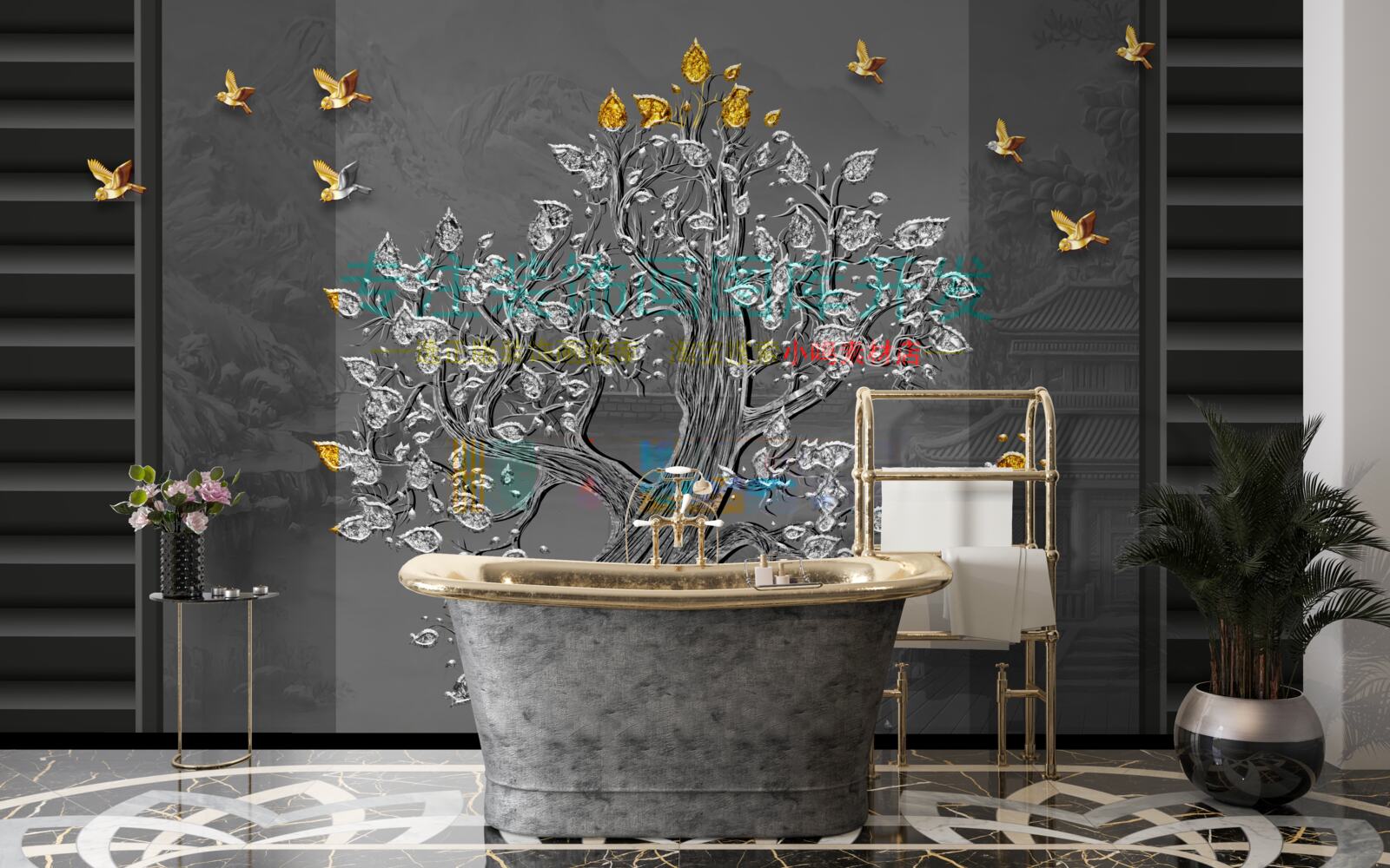 Papier peint arbre d'or et oiseaux volant dans le ciel