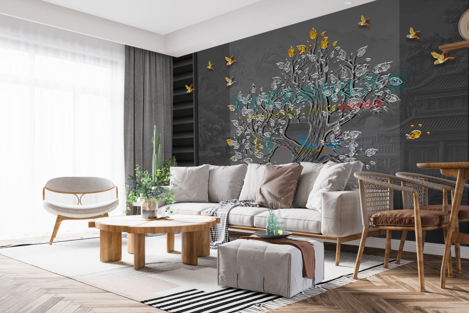 Papier peint arbre d'or et oiseaux volant dans le ciel