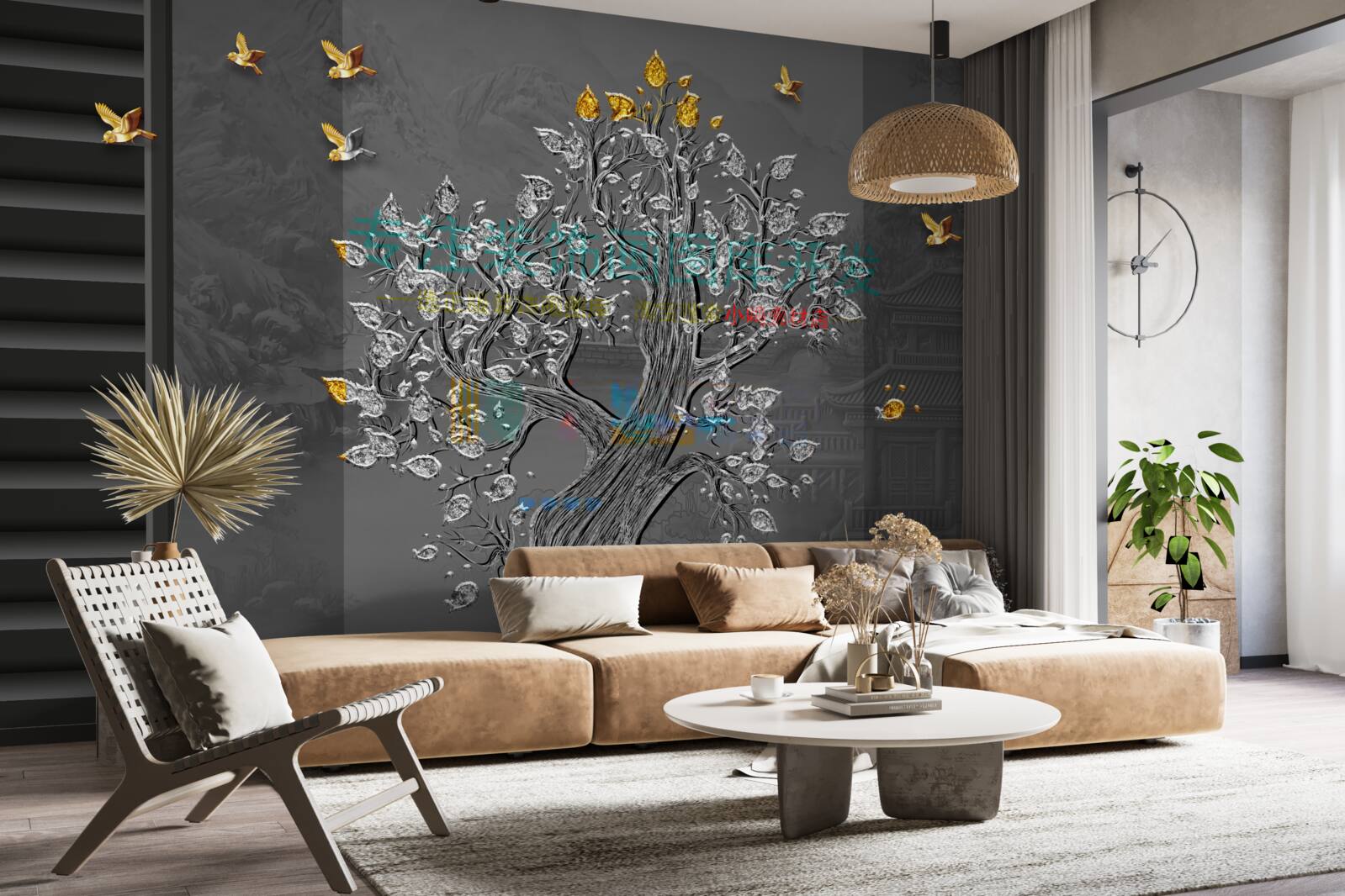 Papier peint arbre d'or et oiseaux volant dans le ciel