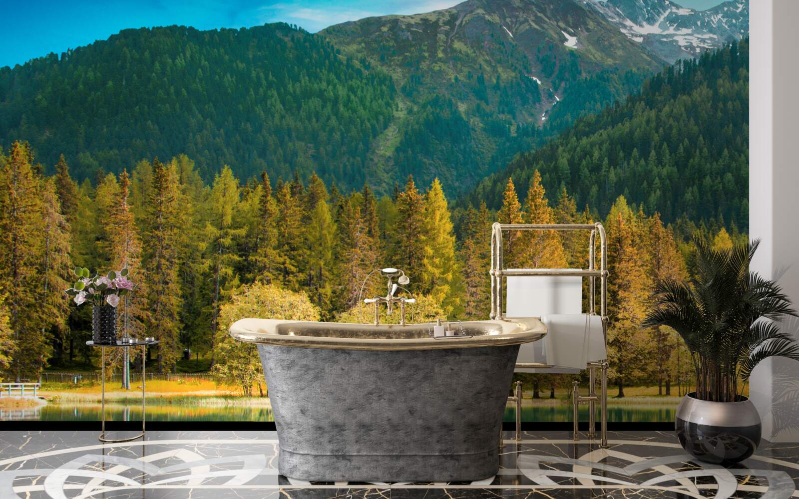 Papier peint lac de montagne dans un paysage d'automne