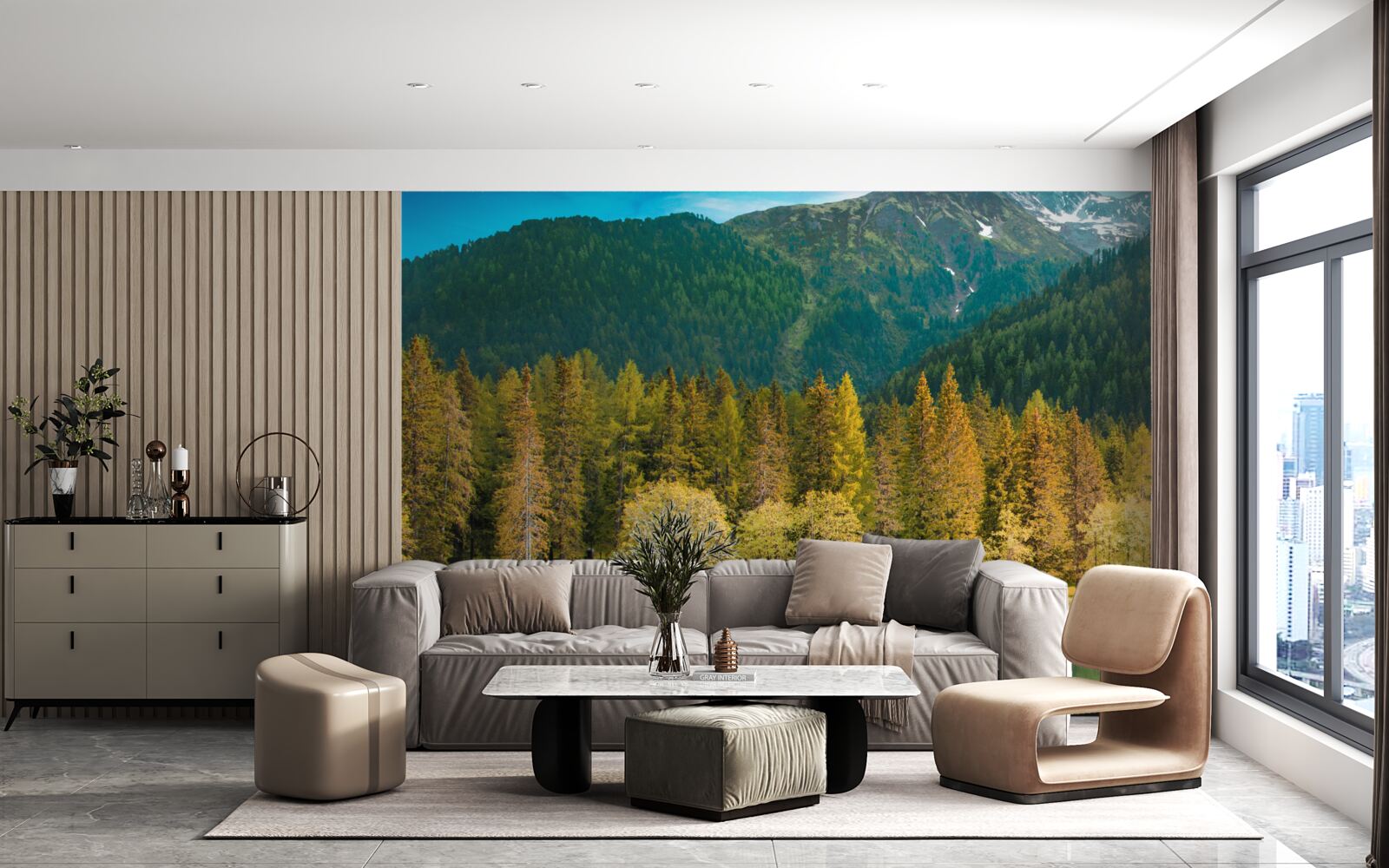 Papier peint lac de montagne dans un paysage d'automne