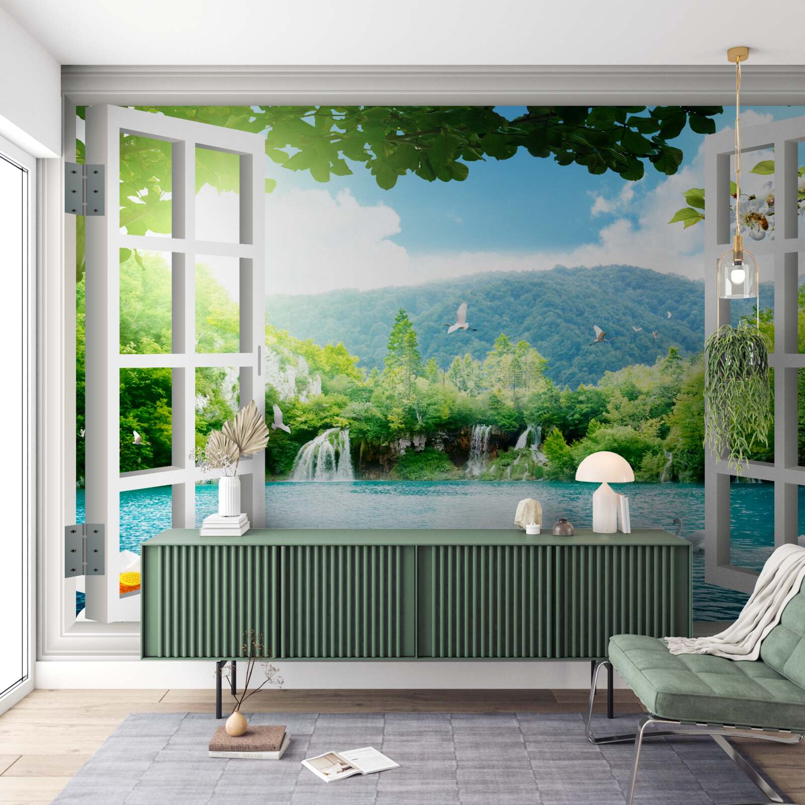 Papier peint vue de la fenêtre sur un lac magnifique et des chutes d'eau