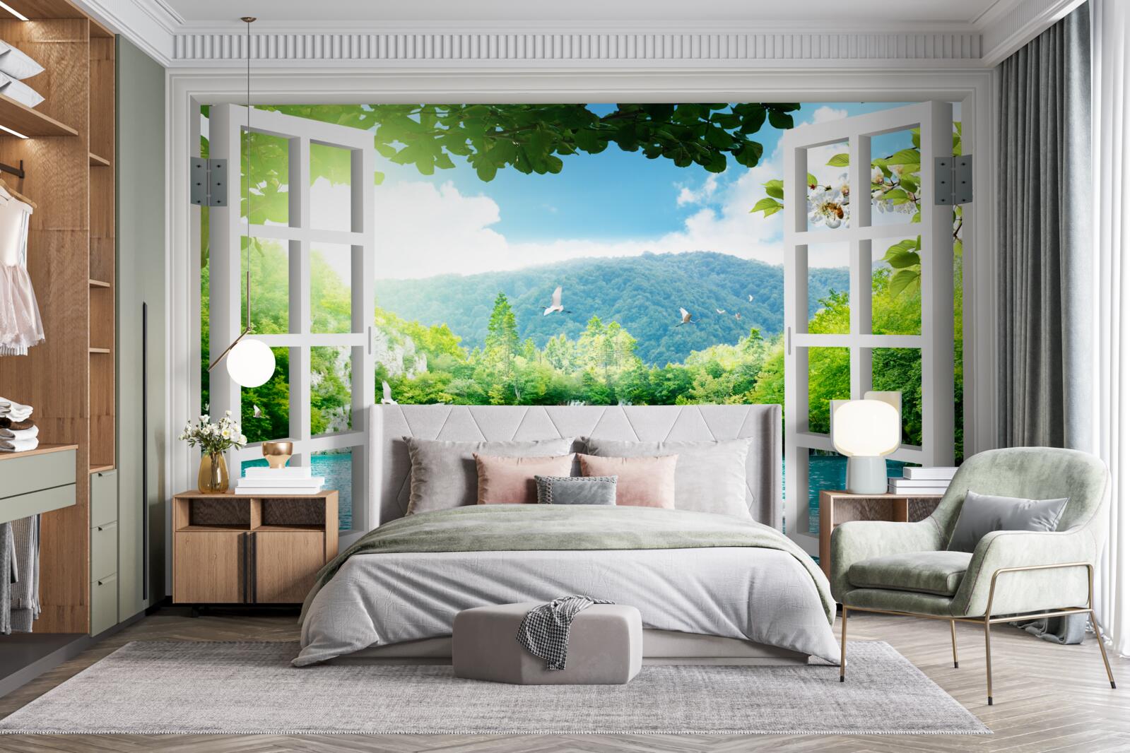 Papier peint vue de la fenêtre sur un lac magnifique et des chutes d'eau