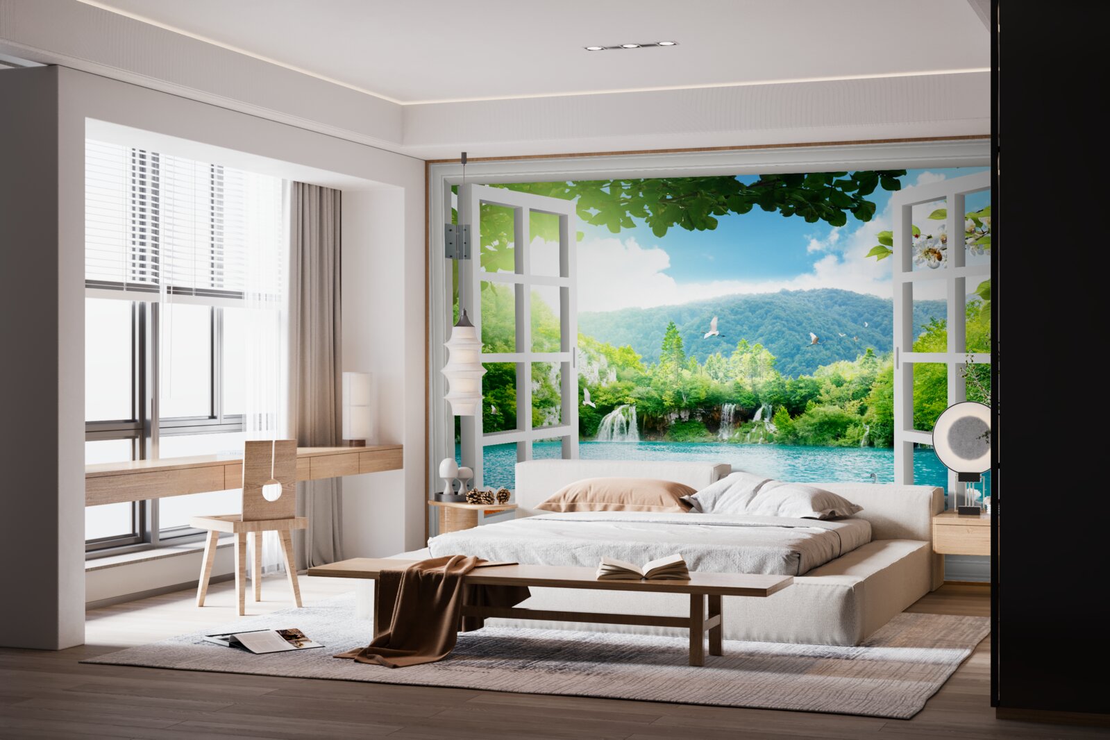 Papier peint vue de la fenêtre sur un lac magnifique et des chutes d'eau