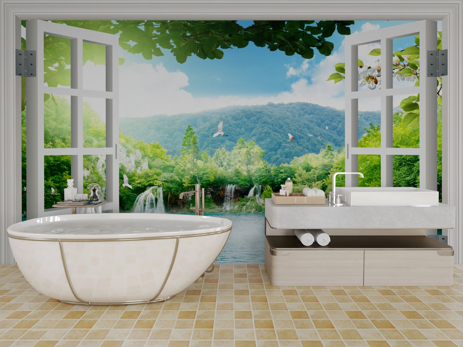 Papier peint vue de la fenêtre sur un lac magnifique et des chutes d'eau