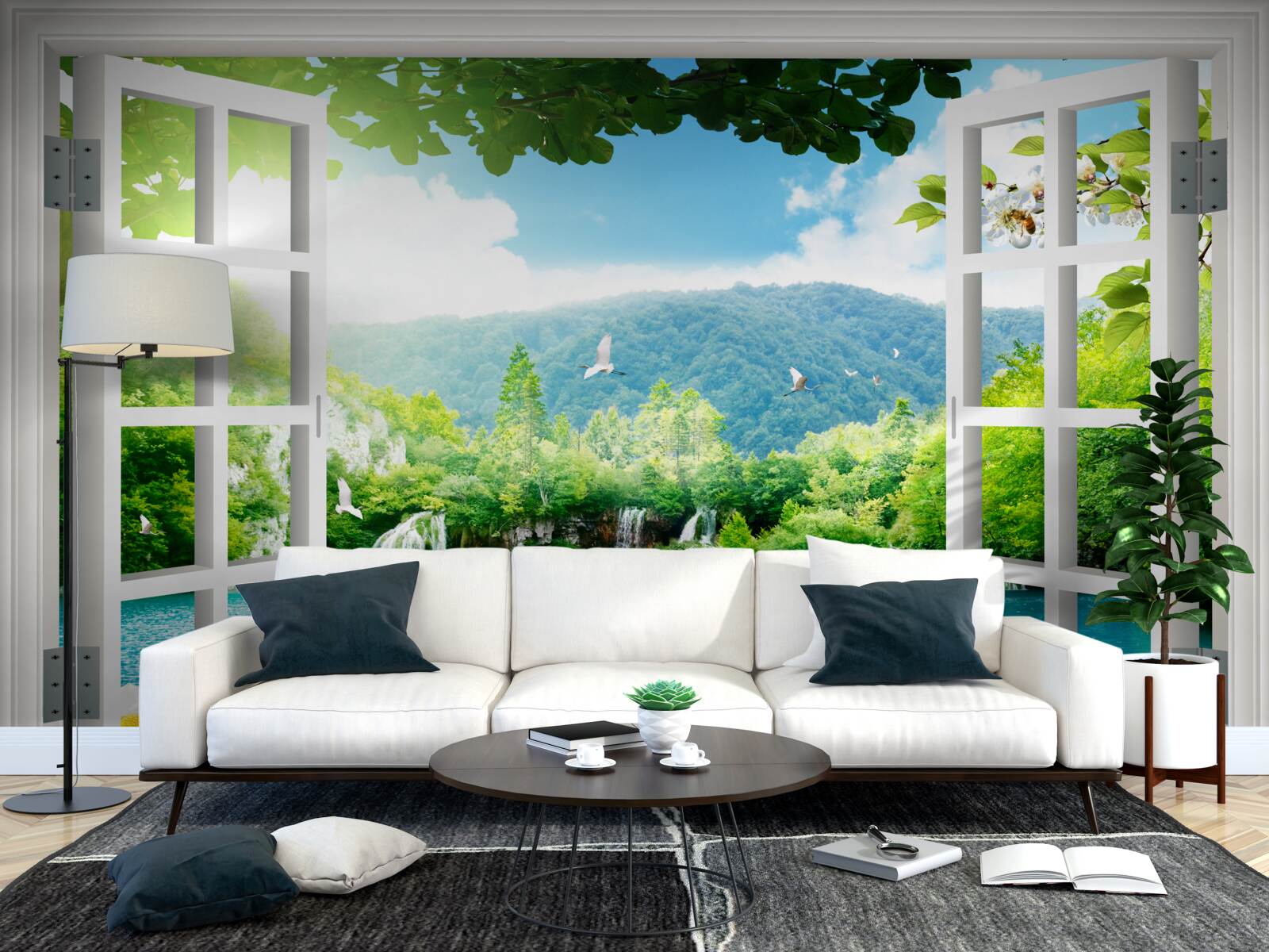 Papier peint vue de la fenêtre sur un lac magnifique et des chutes d'eau