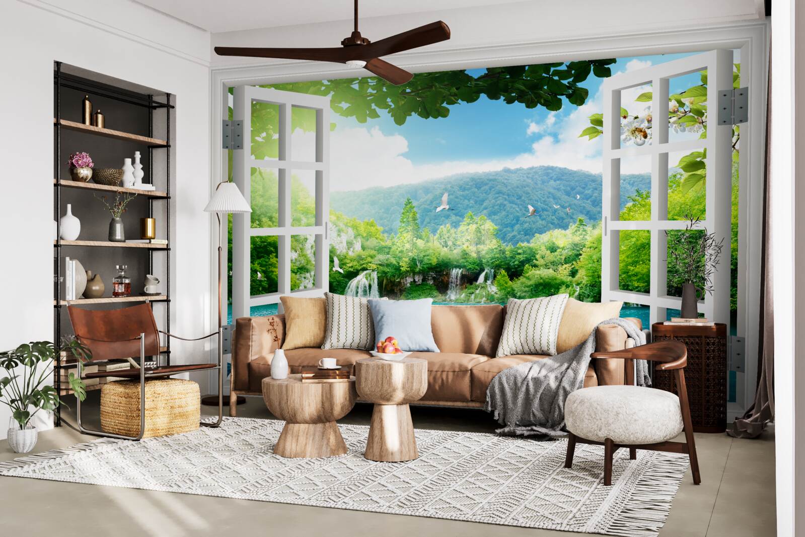 Papier peint vue de la fenêtre sur un lac magnifique et des chutes d'eau