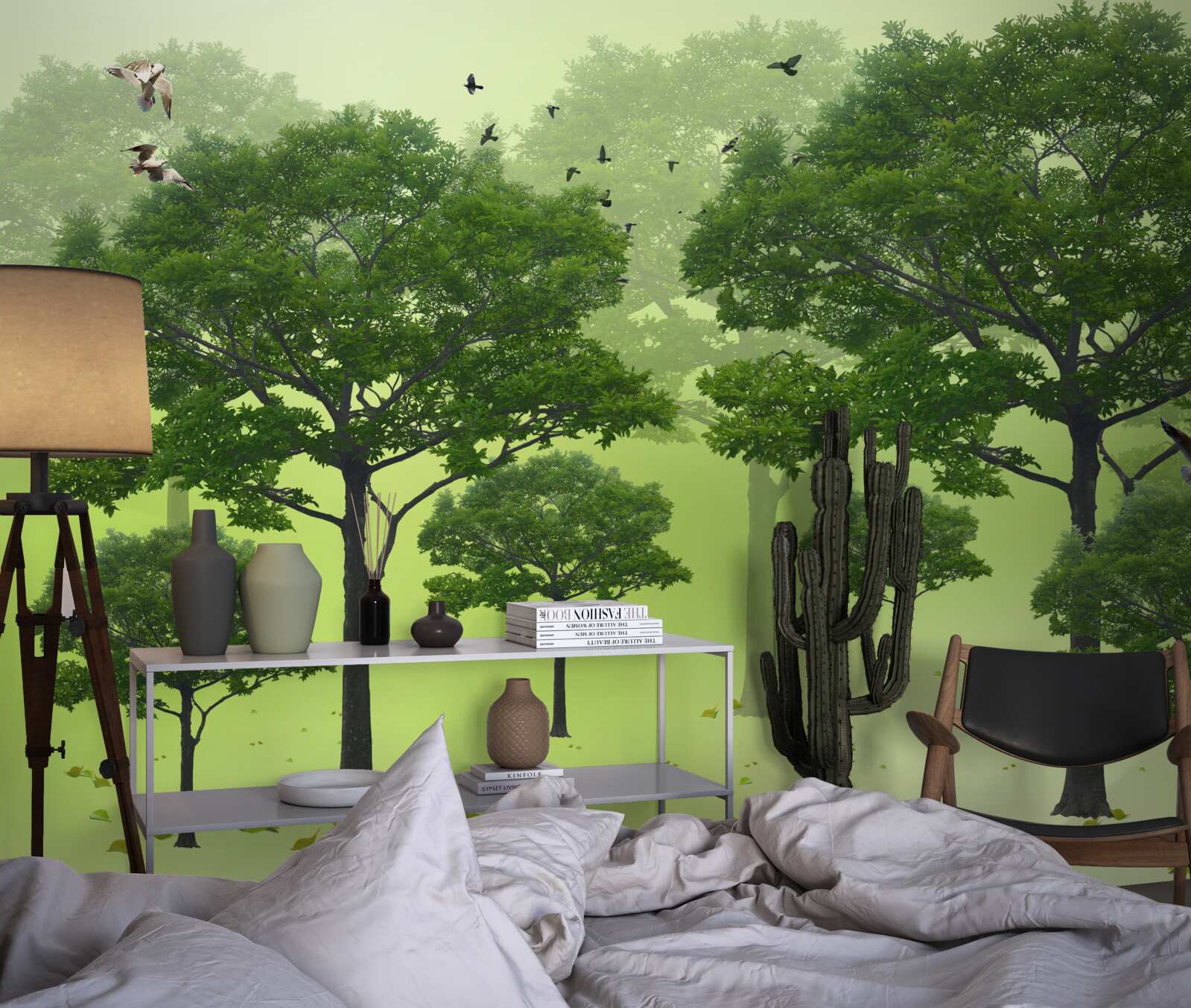 Papier peint forêt matinale couverte de feuilles vertes